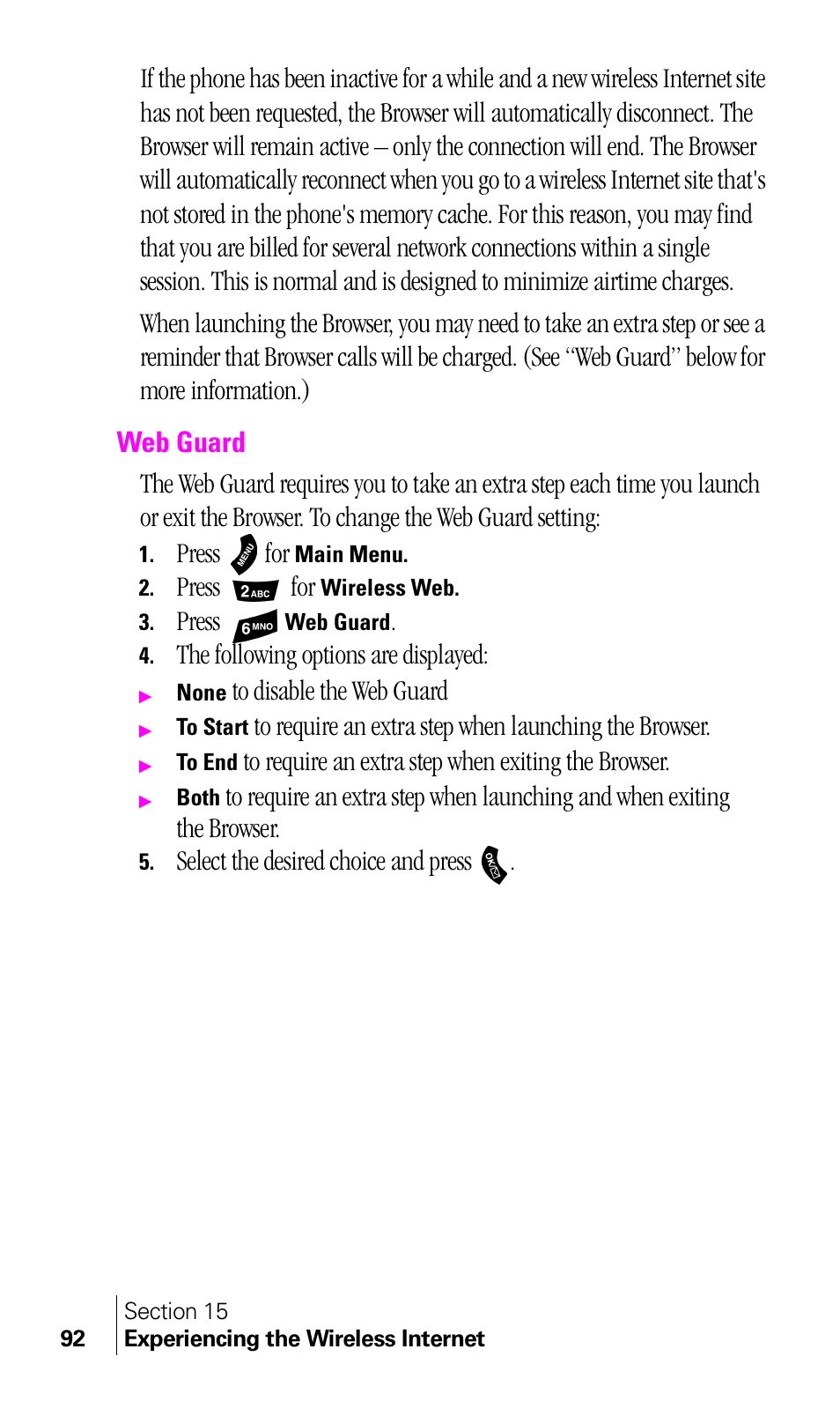 Web guard, Press for, Press | The following options are displayed, Select the desired choice and press | Samsung A460 User Manual | Page 94 / 129