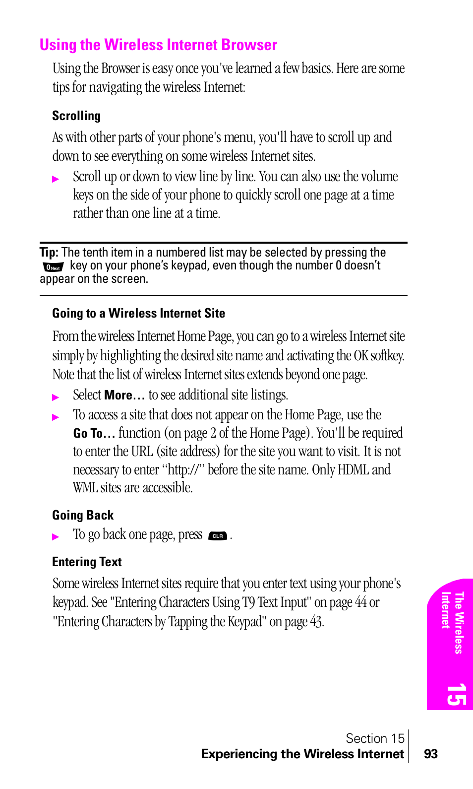 Using the wireless internet browser, Scrolling, Going to a wireless internet site | Going back, Entering text, Select | Samsung A460 User Manual | Page 95 / 129