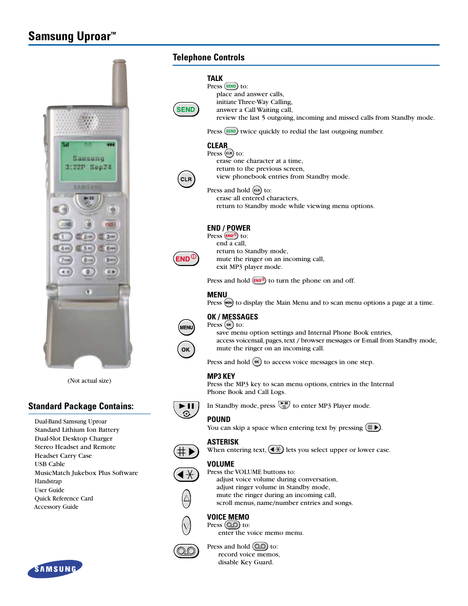 Samsung uproar, Telephone controls, Standard package contains | Samsung UPROAR SPH-m100 User Manual | Page 2 / 8