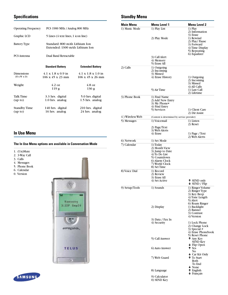 Standby menu, Specifications | Samsung UPROAR SPH-m100 User Manual | Page 4 / 8