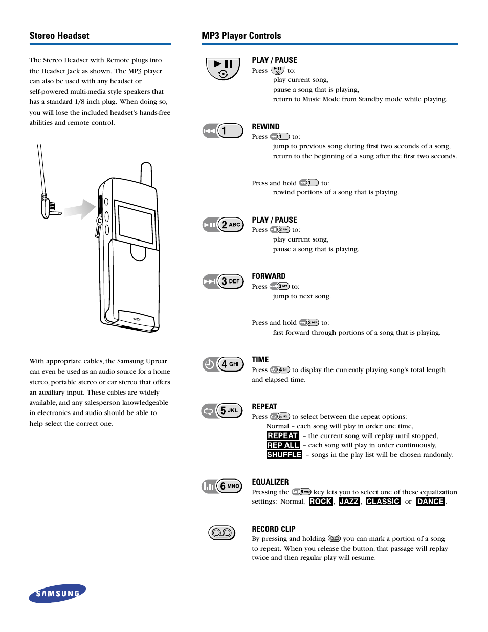 Mp3 player controls, Stereo headset | Samsung UPROAR SPH-m100 User Manual | Page 6 / 8