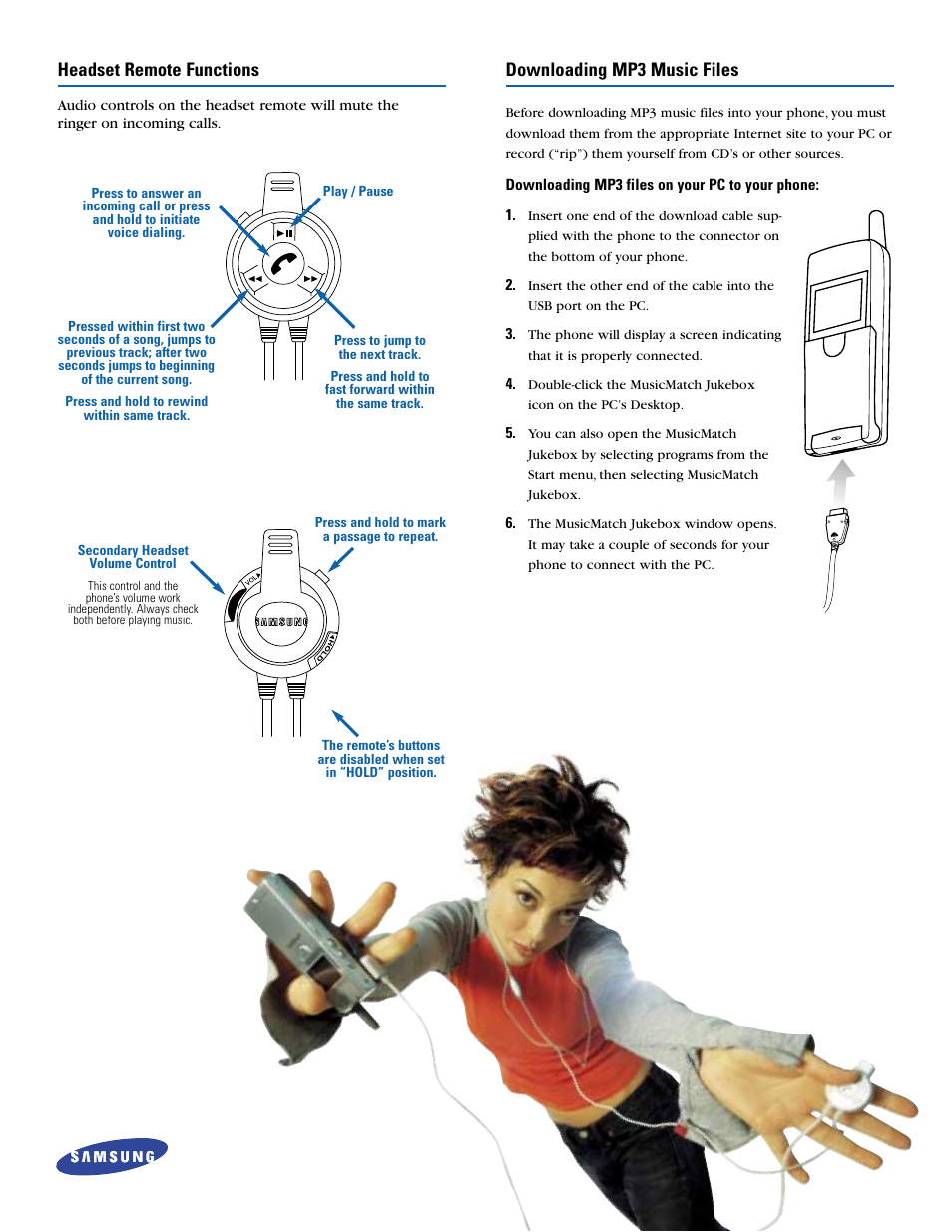 Headset remote functions, Downloading mp3 music files | Samsung UPROAR SPH-m100 User Manual | Page 7 / 8
