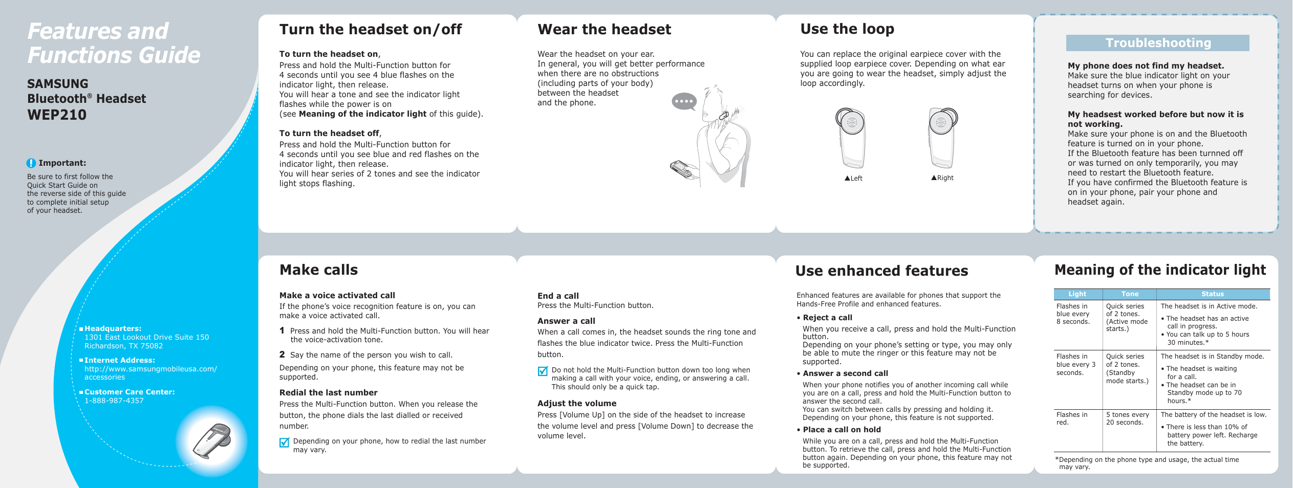 Wep210_quick2.pdf, Features and functions guide, Wep210 | Turn the headset on/off, Make calls, Use the loop, Samsung bluetooth, Headset, Troubleshooting | Samsung WEP 210 User Manual | Page 2 / 2