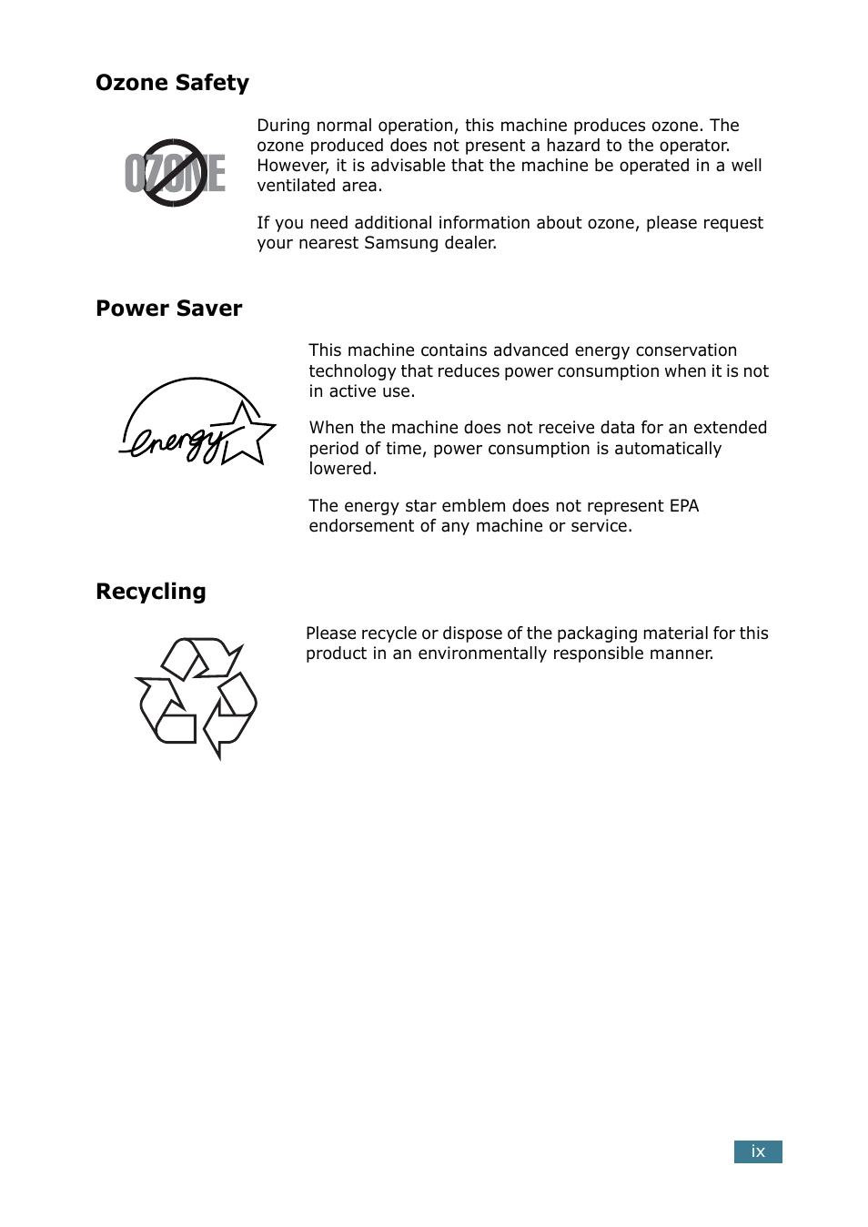 Ozone safety, Power saver, Recycling | Samsung SCX-4116 User Manual | Page 10 / 210