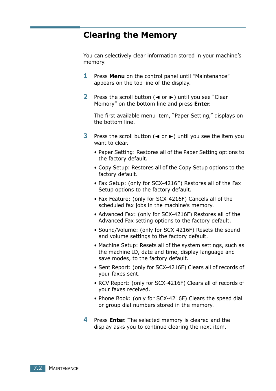 Clearing the memory | Samsung SCX-4116 User Manual | Page 107 / 210