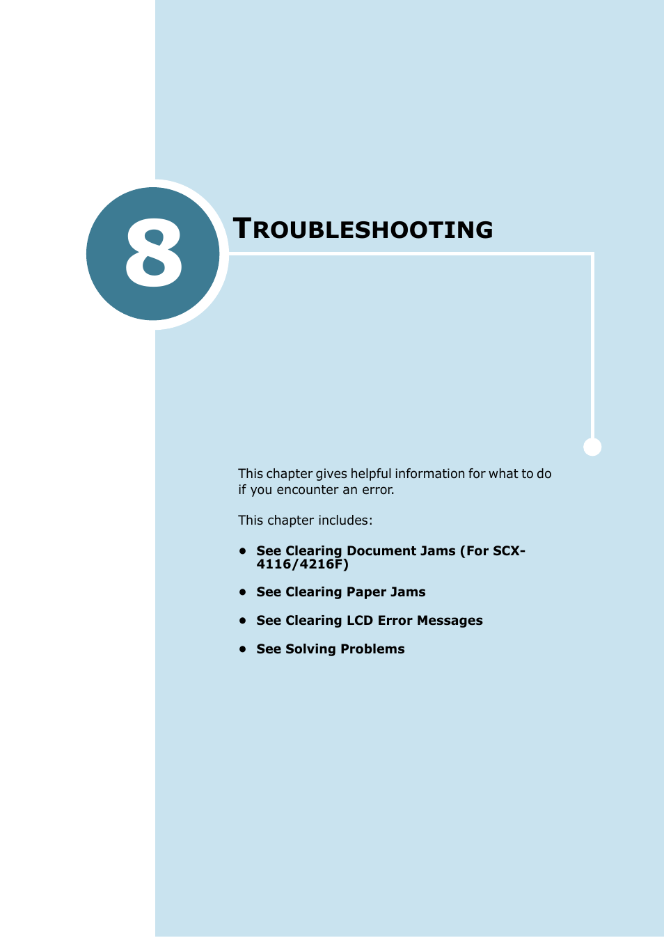 Troubleshooting, Chapter 8, Roubleshooting | Samsung SCX-4116 User Manual | Page 118 / 210