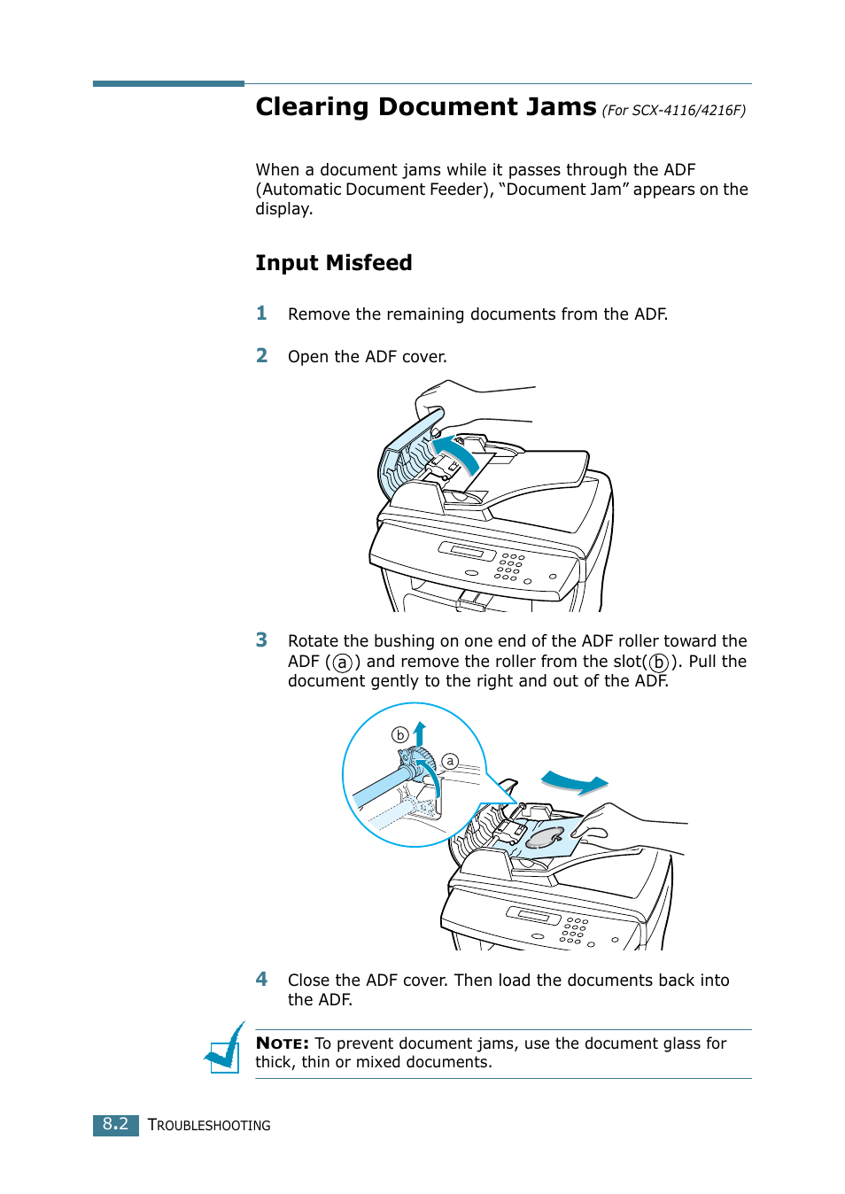 Clearing document jams (for scx-4116/4216f), Input misfeed, See clearing document jams (for scx | 4116/4216f), Clearing document jams | Samsung SCX-4116 User Manual | Page 119 / 210