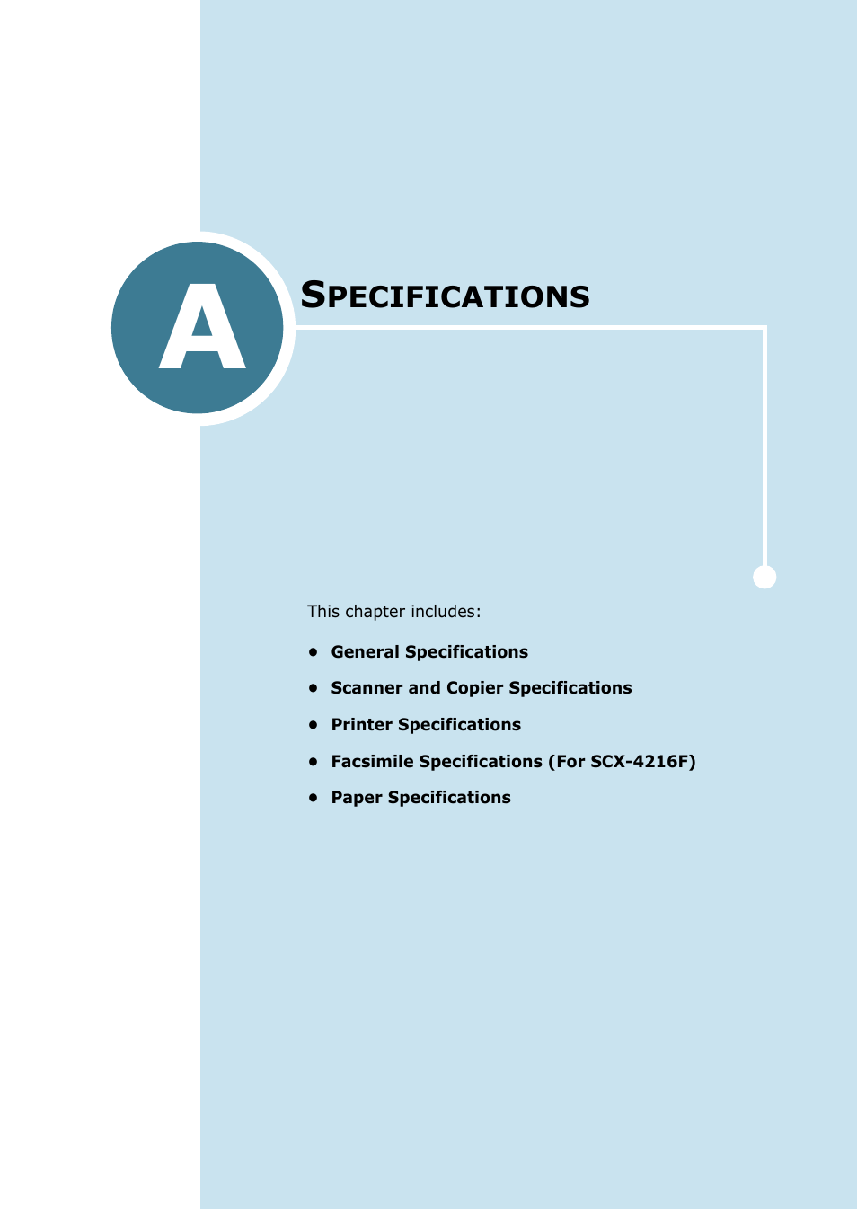 Specifications, Chapter a, Pecifications | Samsung SCX-4116 User Manual | Page 144 / 210