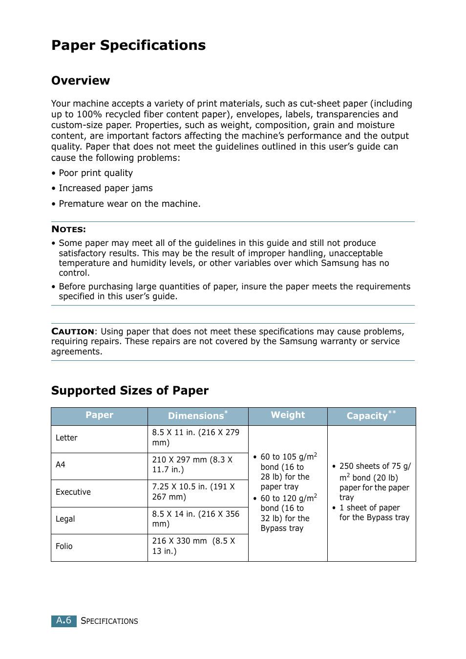 Paper specifications, Overview, Supported sizes of paper | Use only recommended print materials. see “paper, Paper, Paper specifications” on, See “paper specifications, Y not meet paper specifications. see “paper | Samsung SCX-4116 User Manual | Page 149 / 210