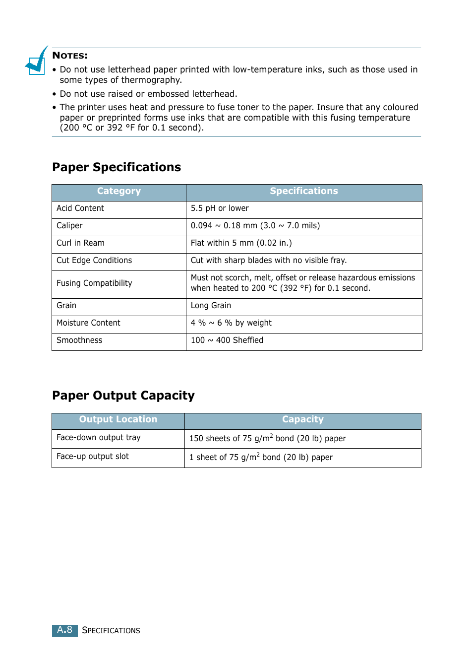 Paper specifications, Paper output capacity, Paper specifications paper output capacity | Samsung SCX-4116 User Manual | Page 151 / 210