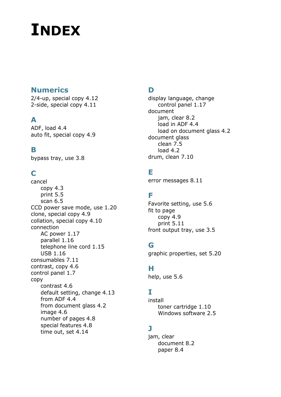 Index, Ndex, Numerics | Samsung SCX-4116 User Manual | Page 154 / 210