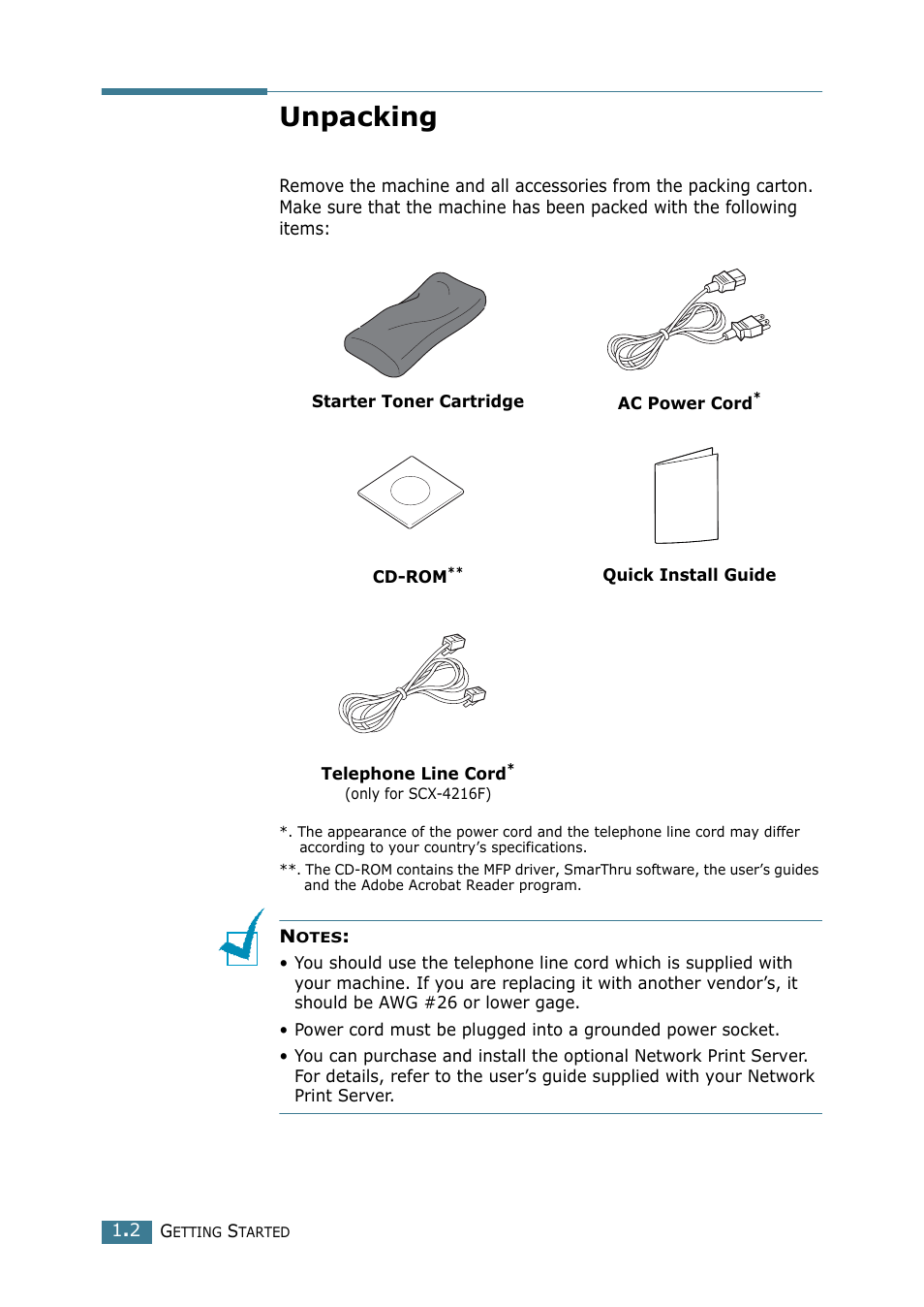 Unpacking | Samsung SCX-4116 User Manual | Page 19 / 210