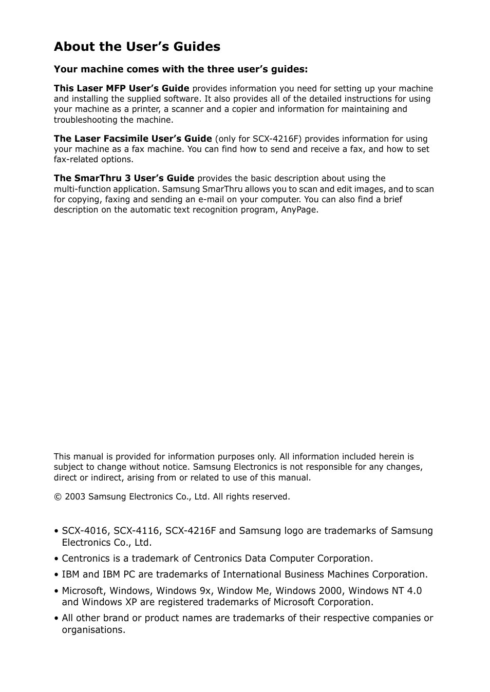 About the user’s guides | Samsung SCX-4116 User Manual | Page 2 / 210