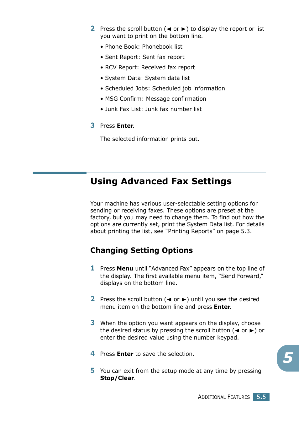 Using advanced fax settings, Changing setting options | Samsung SCX-4116 User Manual | Page 203 / 210