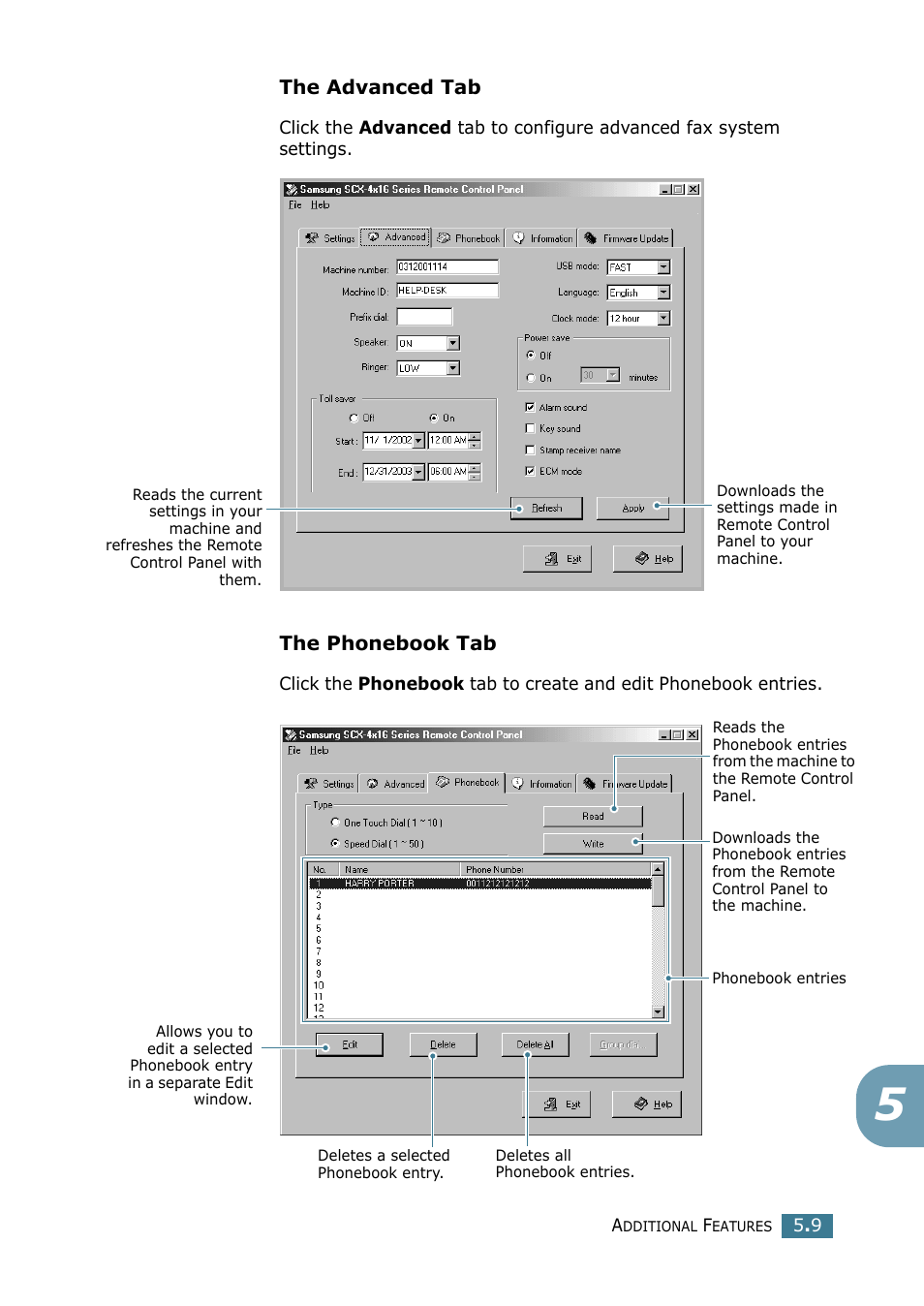 The advanced tab, The phonebook tab | Samsung SCX-4116 User Manual | Page 207 / 210