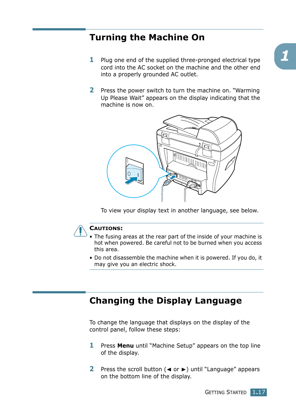 Turning the machine on, Changing the display language | Samsung SCX-4116 User Manual | Page 34 / 210