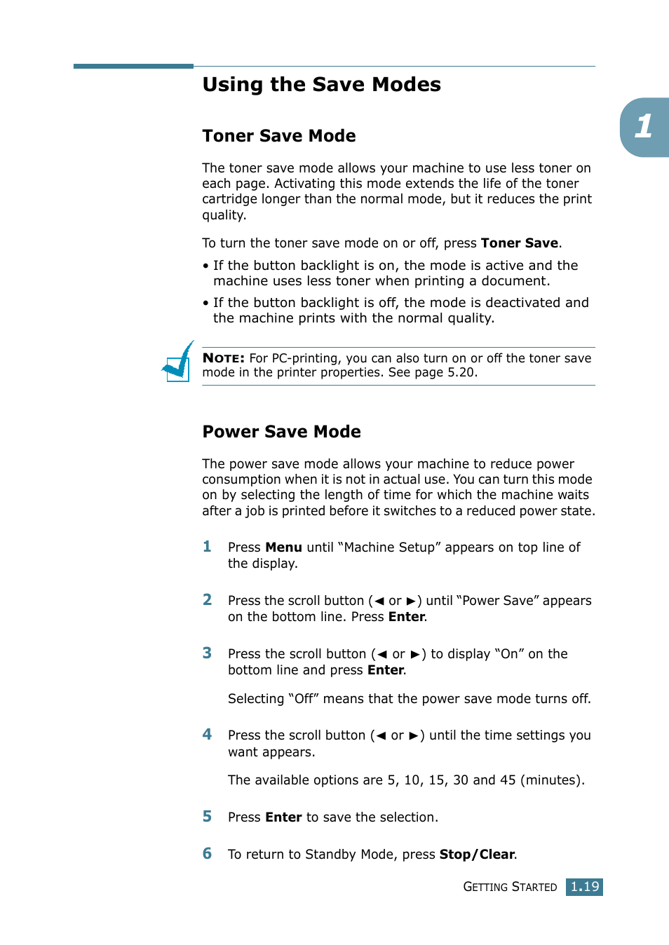 Using the save modes, Toner save mode, Power save mode | Toner save mode power save mode | Samsung SCX-4116 User Manual | Page 36 / 210