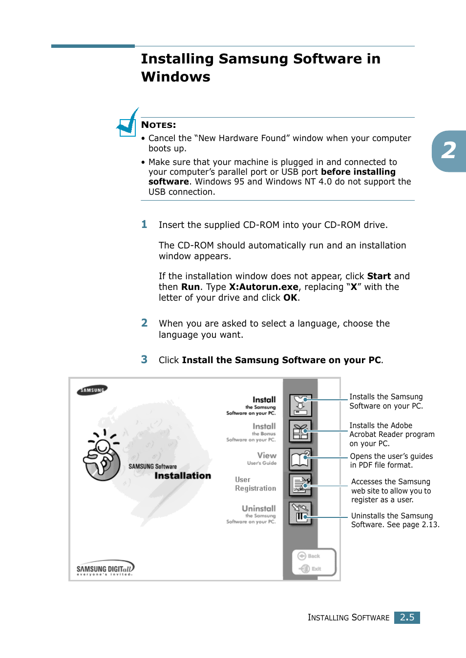 Installing samsung software in windows | Samsung SCX-4116 User Manual | Page 42 / 210