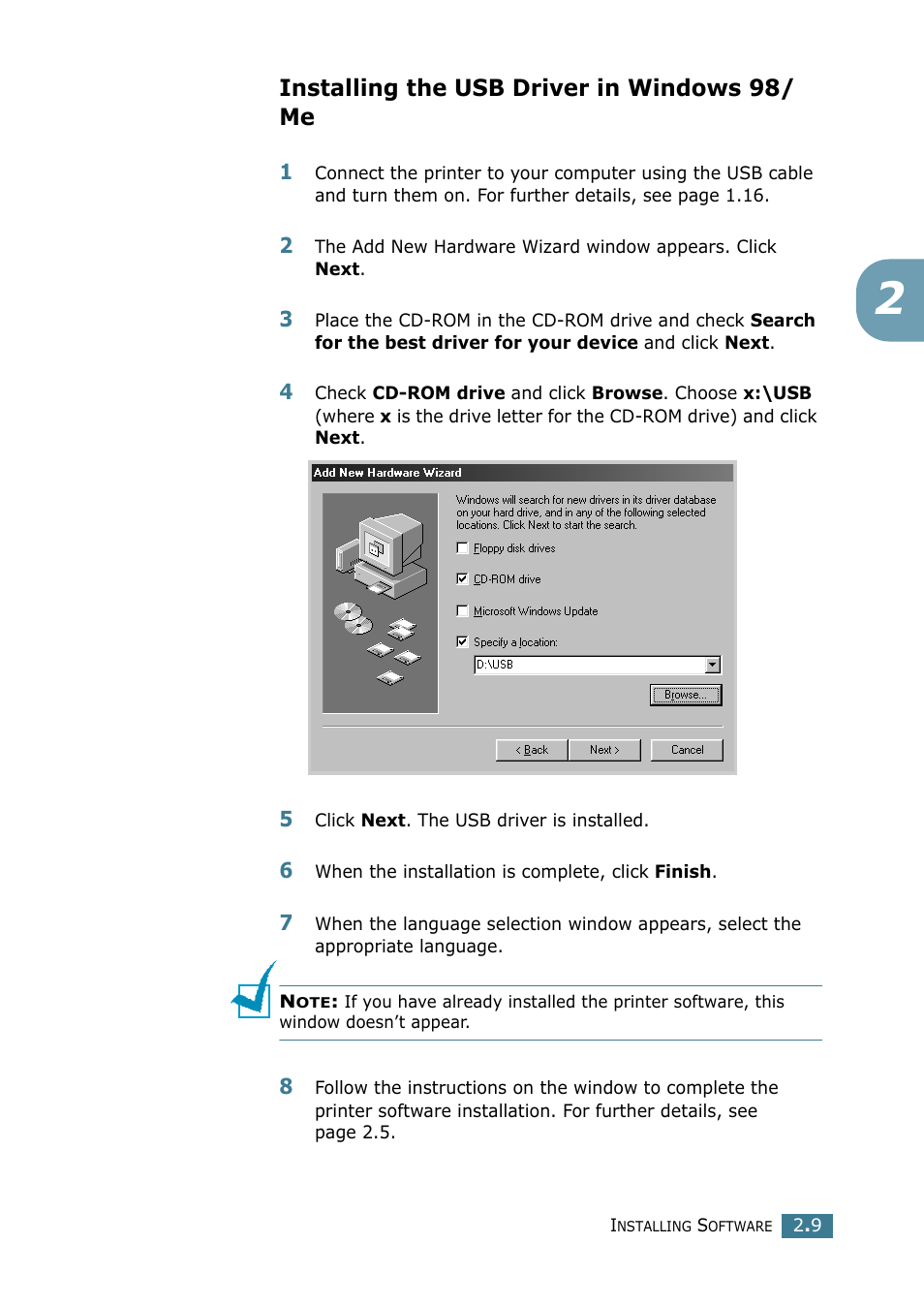 Installing the usb driver in windows 98/ me, Installing the usb driver in windows 98/me | Samsung SCX-4116 User Manual | Page 46 / 210