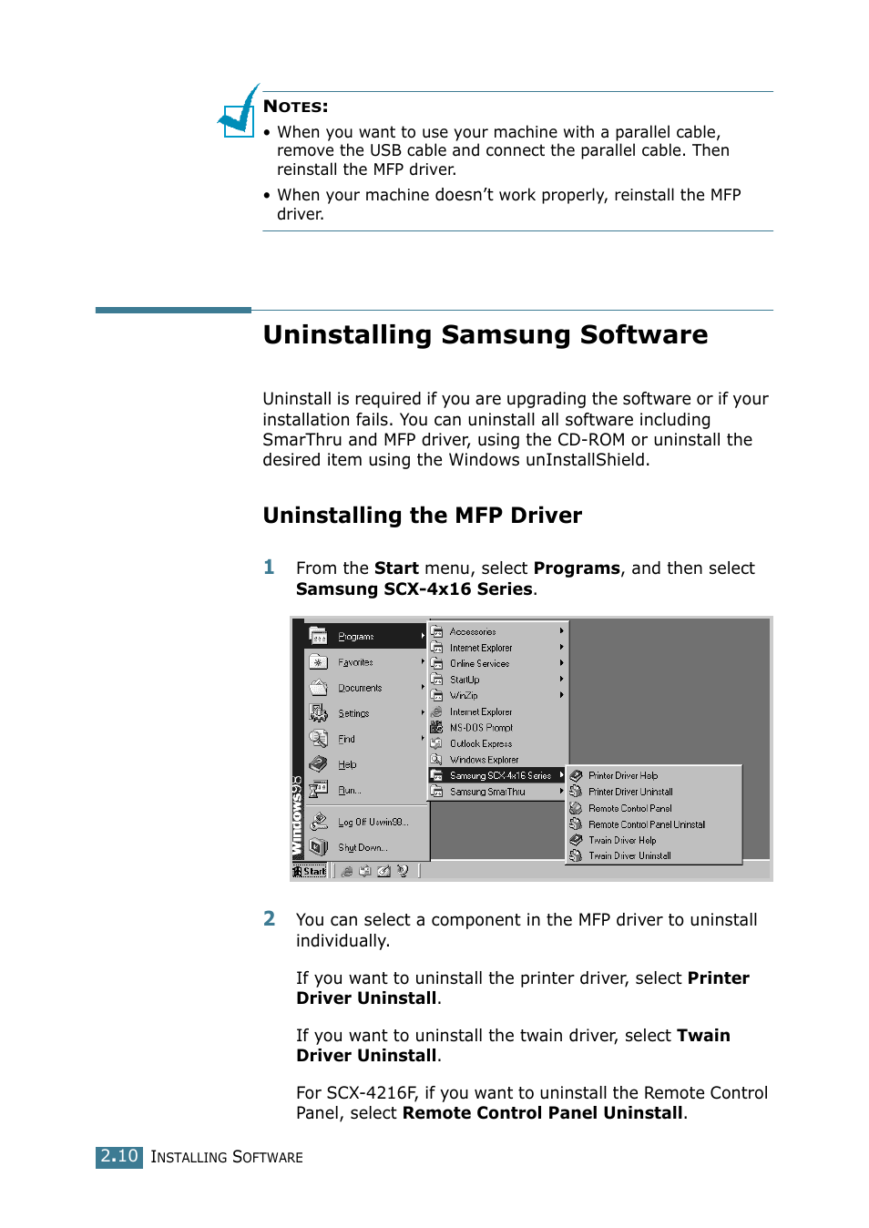 Uninstalling samsung software, Uninstalling the mfp driver | Samsung SCX-4116 User Manual | Page 47 / 210