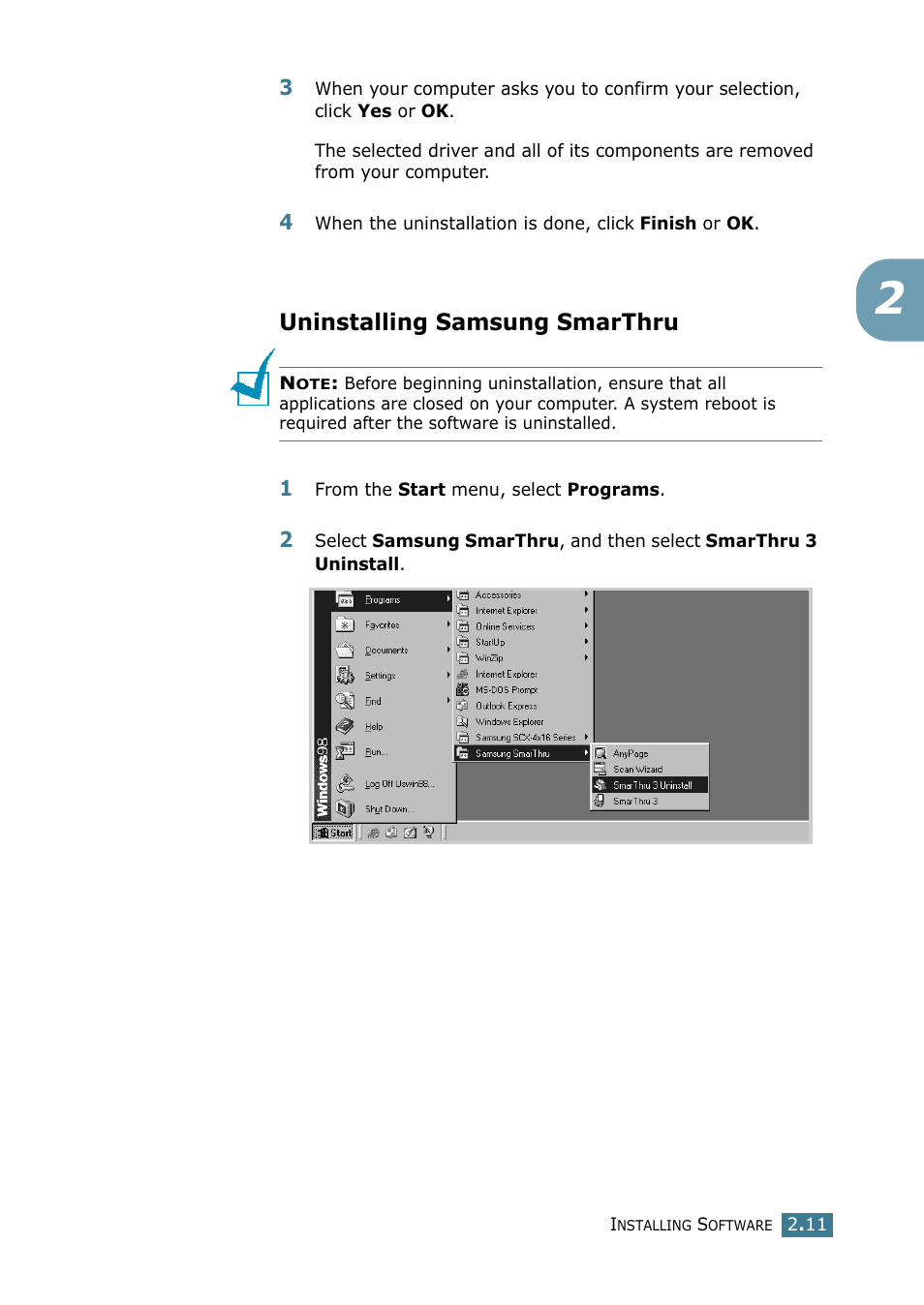 Uninstalling samsung smarthru | Samsung SCX-4116 User Manual | Page 48 / 210