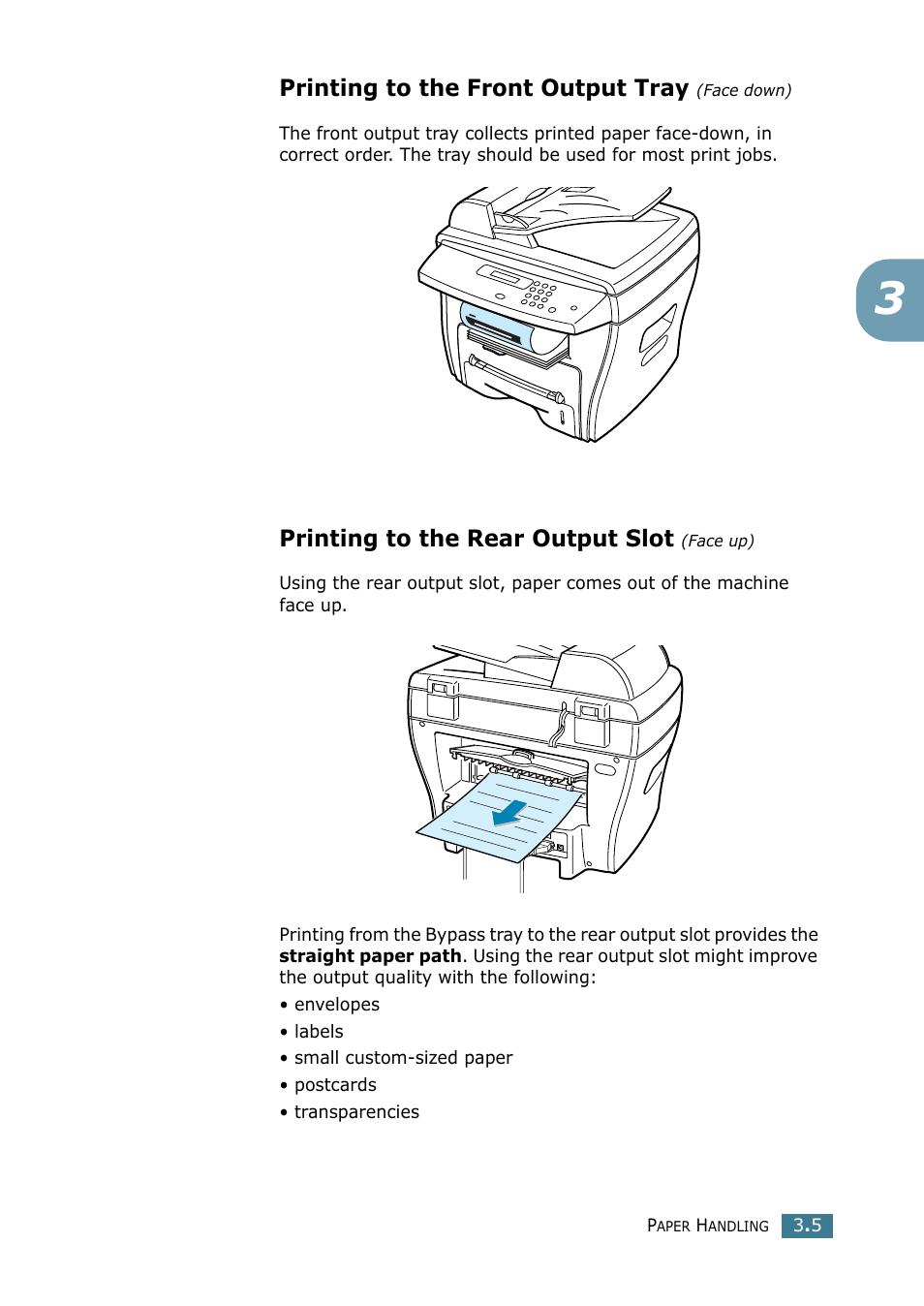 Printing to the front output tray (face down), Printing to the rear output slot (face up), Printing to the front output tray | Printing to the rear output slot | Samsung SCX-4116 User Manual | Page 56 / 210
