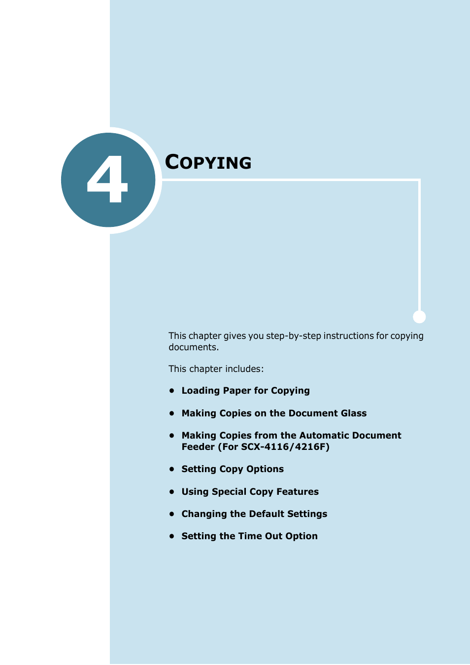 Copying, Chapter 4, Opying | Samsung SCX-4116 User Manual | Page 62 / 210