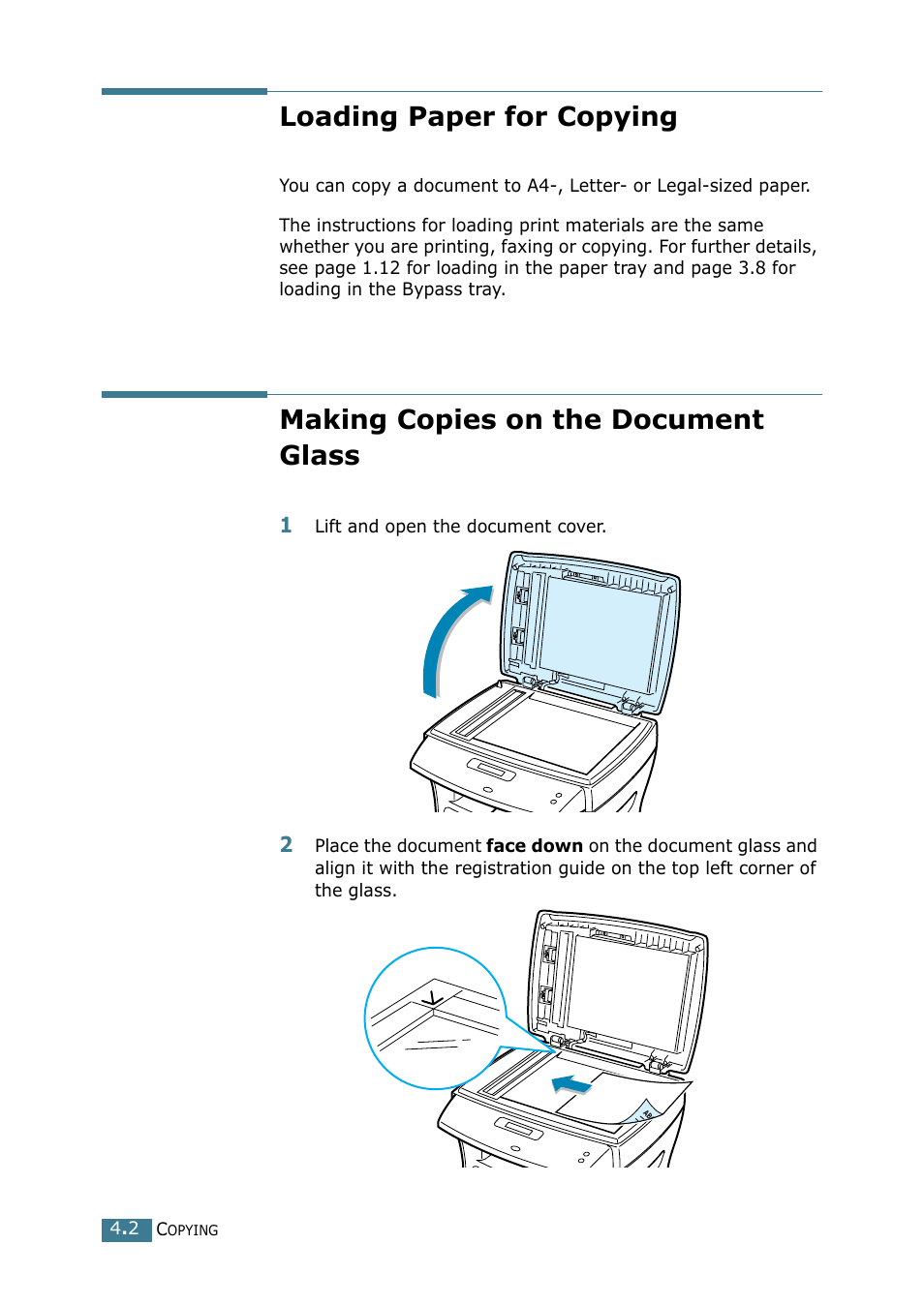 Loading paper for copying, Making copies on the document glass | Samsung SCX-4116 User Manual | Page 63 / 210