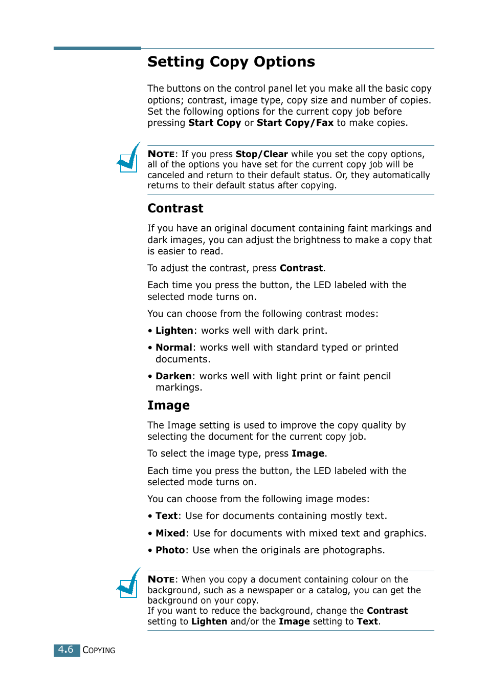 Setting copy options, Contrast, Image | Contrast image | Samsung SCX-4116 User Manual | Page 67 / 210