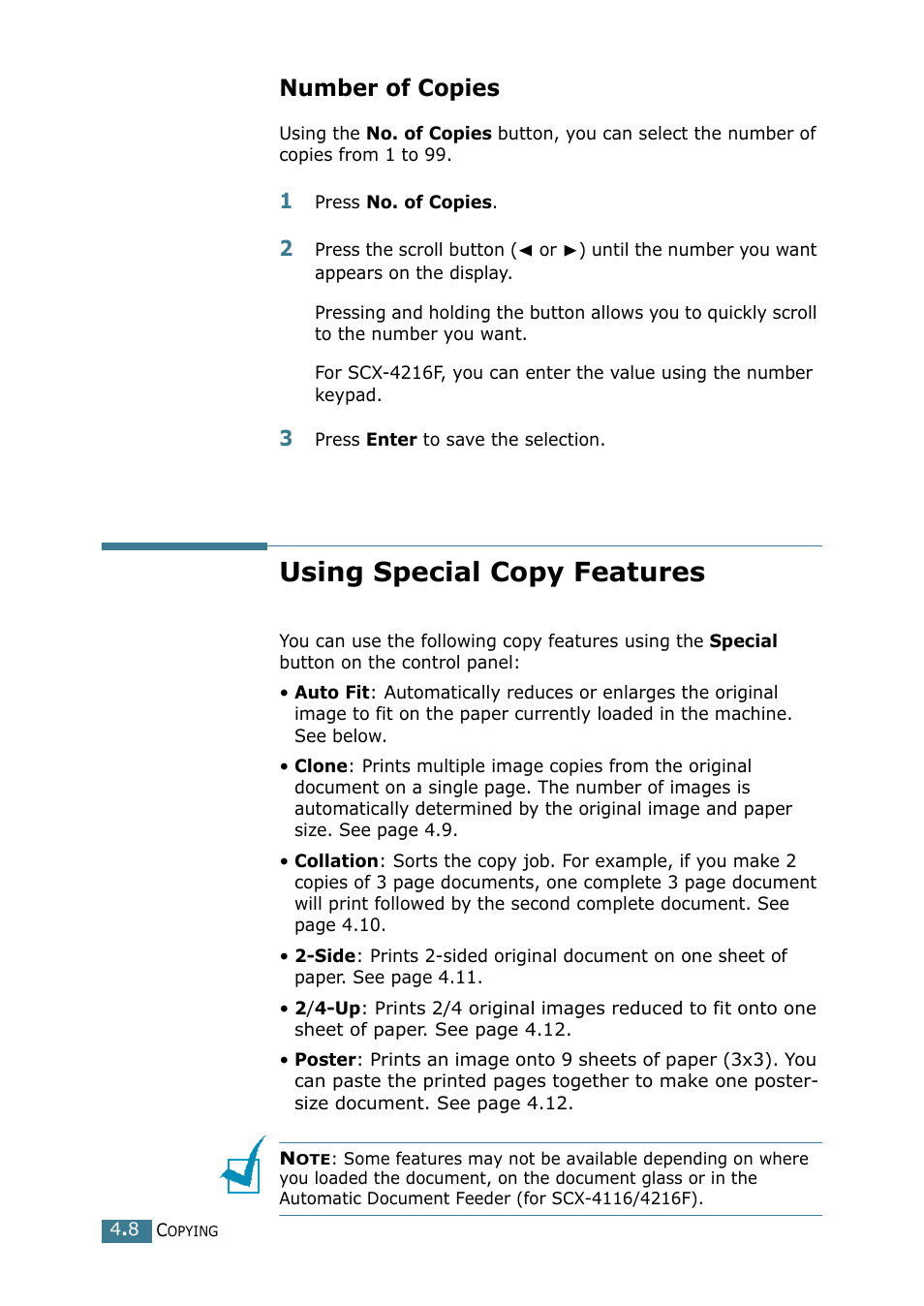 Number of copies, Using special copy features | Samsung SCX-4116 User Manual | Page 69 / 210