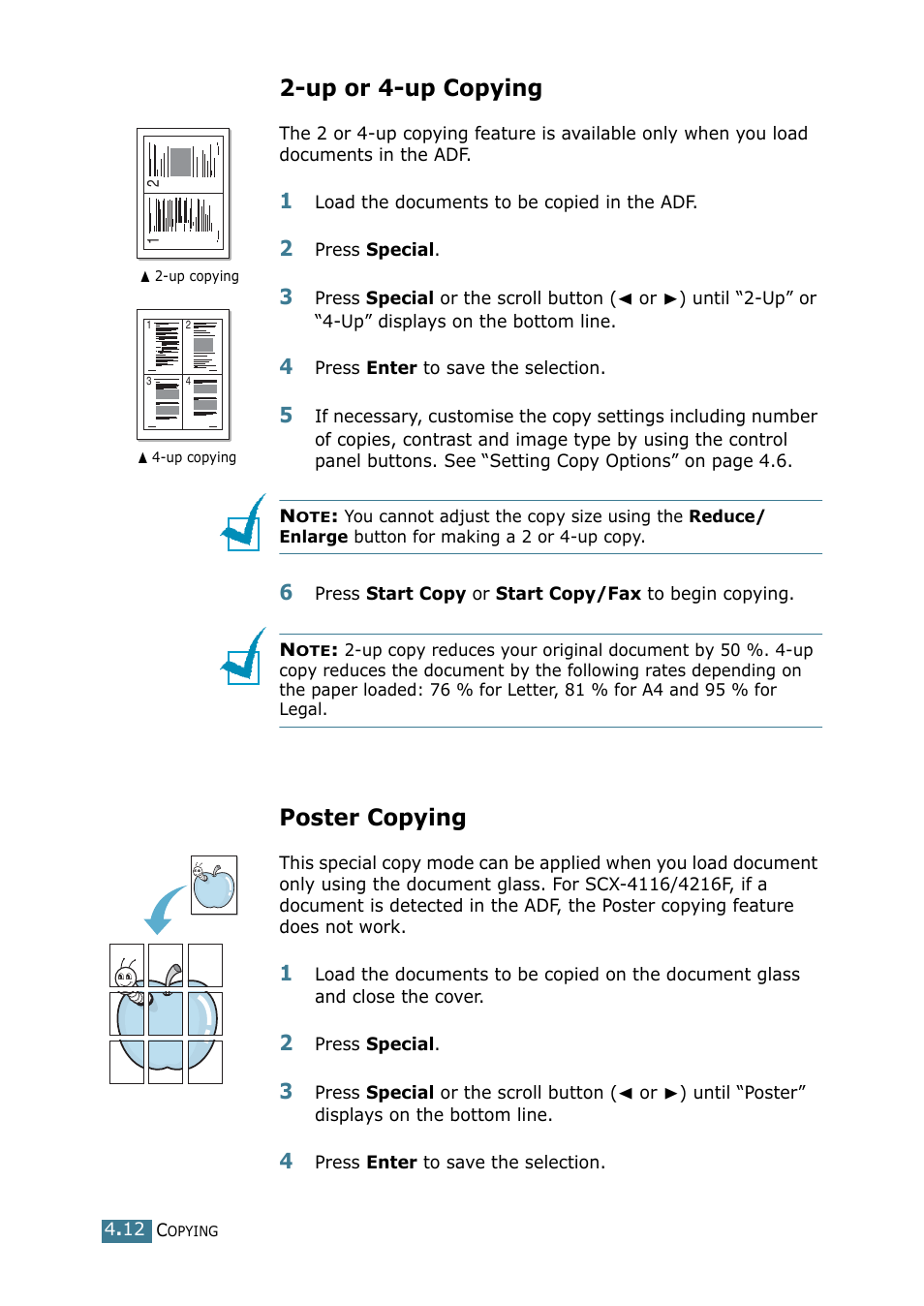 Up or 4-up copying, Poster copying, Up or 4-up copying poster copying | Samsung SCX-4116 User Manual | Page 73 / 210