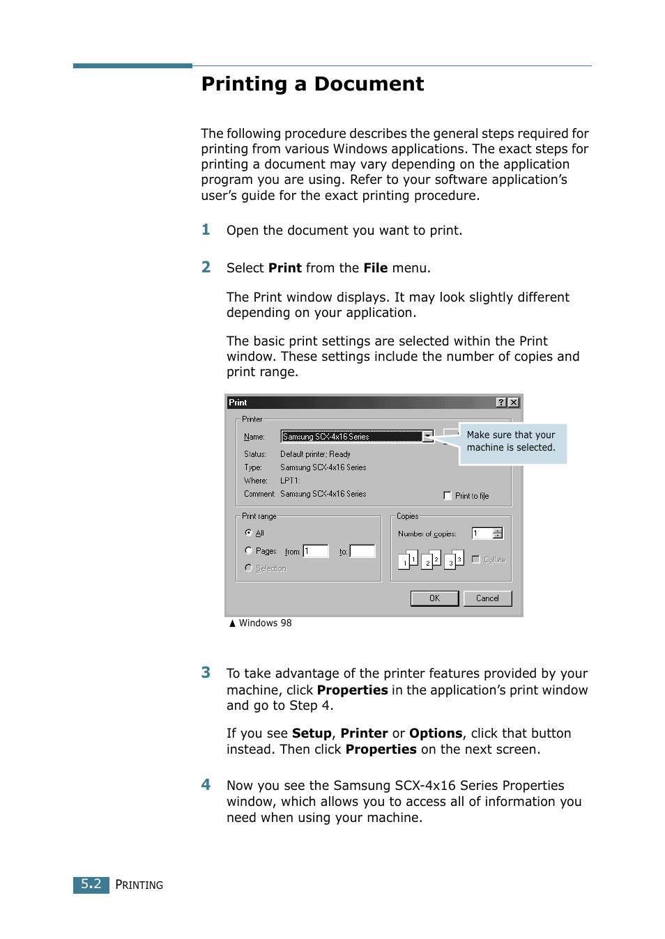 Printing a document | Samsung SCX-4116 User Manual | Page 77 / 210