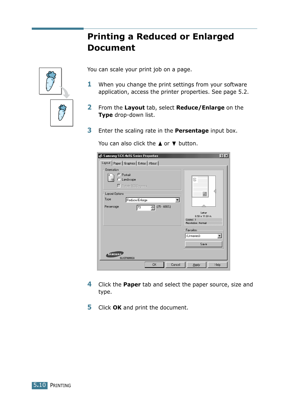 Printing a reduced or enlarged document | Samsung SCX-4116 User Manual | Page 85 / 210
