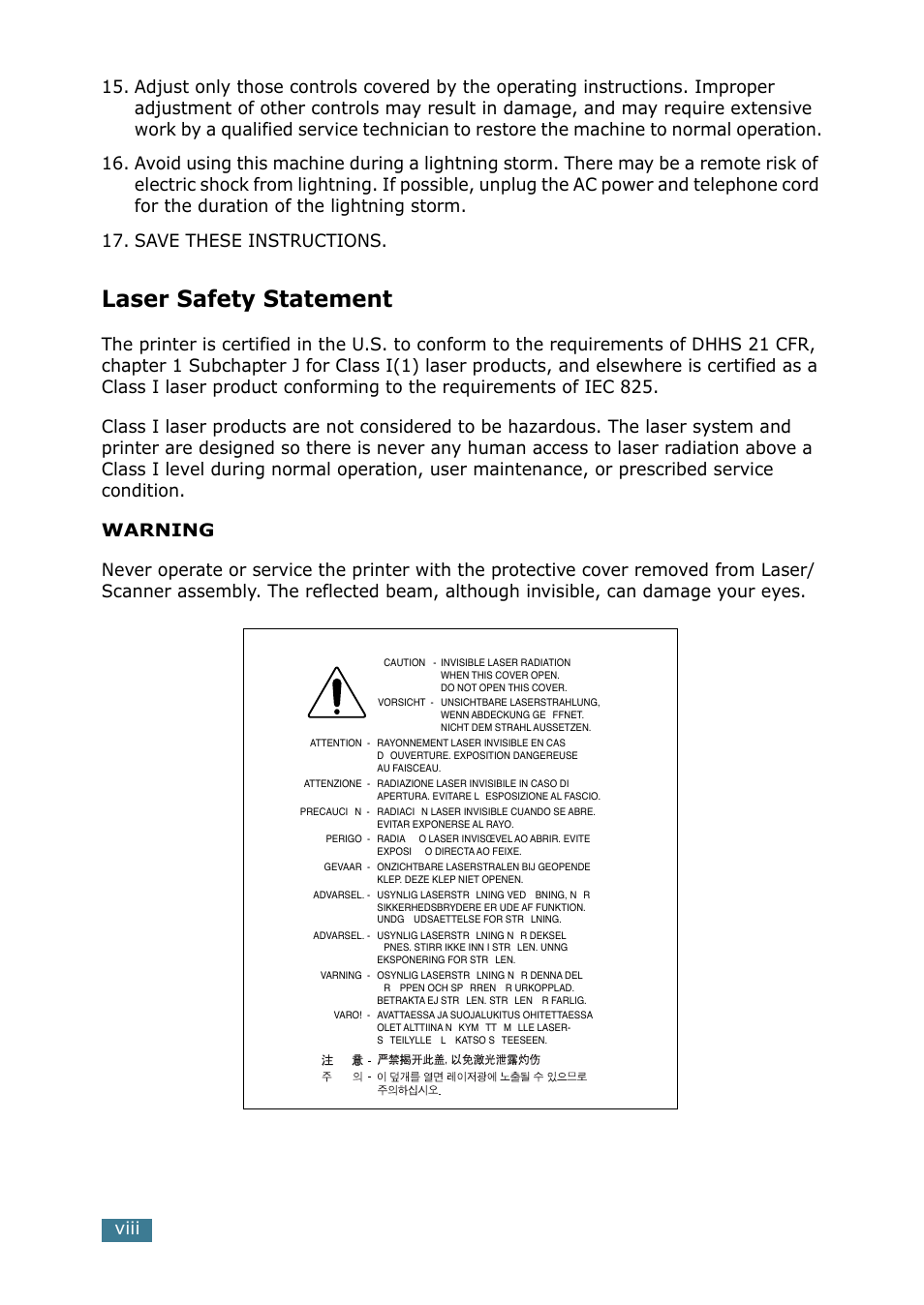 Laser safety statement, Viii, Warning | Samsung SCX-4116 User Manual | Page 9 / 210