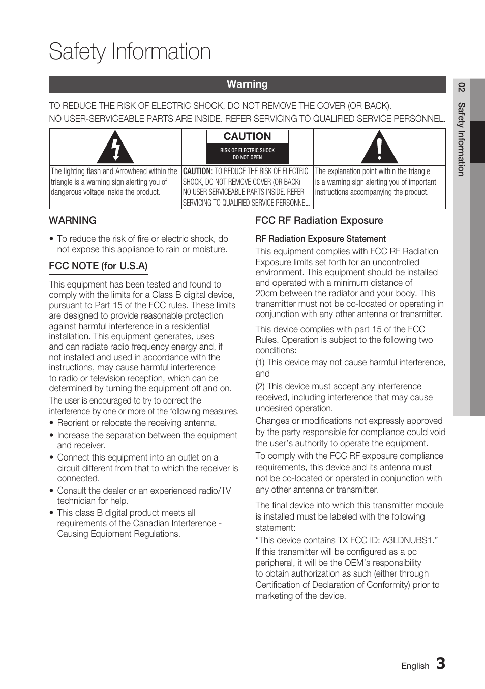 Safety information, Warning | Samsung BD-C7900 User Manual | Page 3 / 74