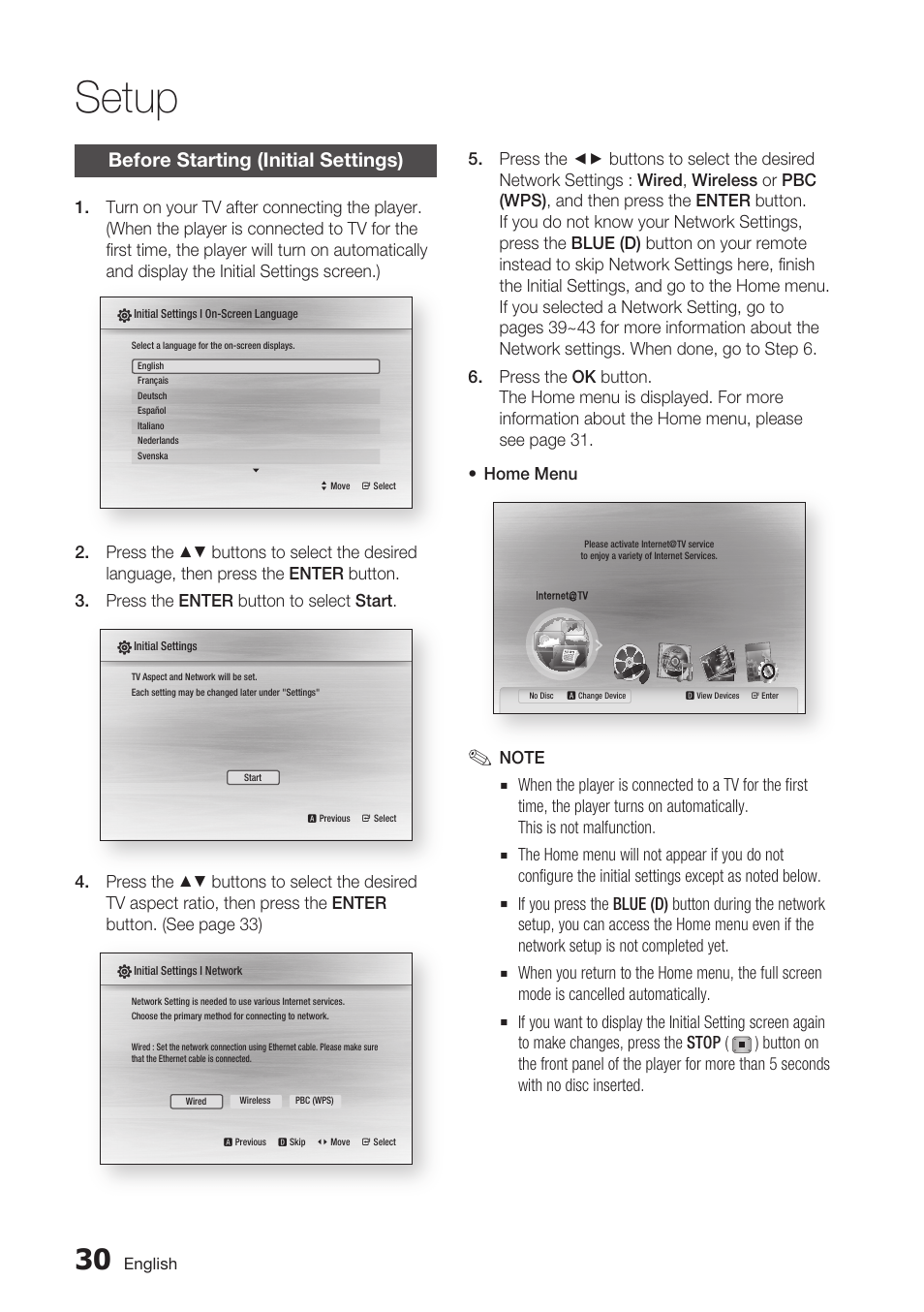 Setup, Before starting (initial settings) | Samsung BD-C7900 User Manual | Page 30 / 74