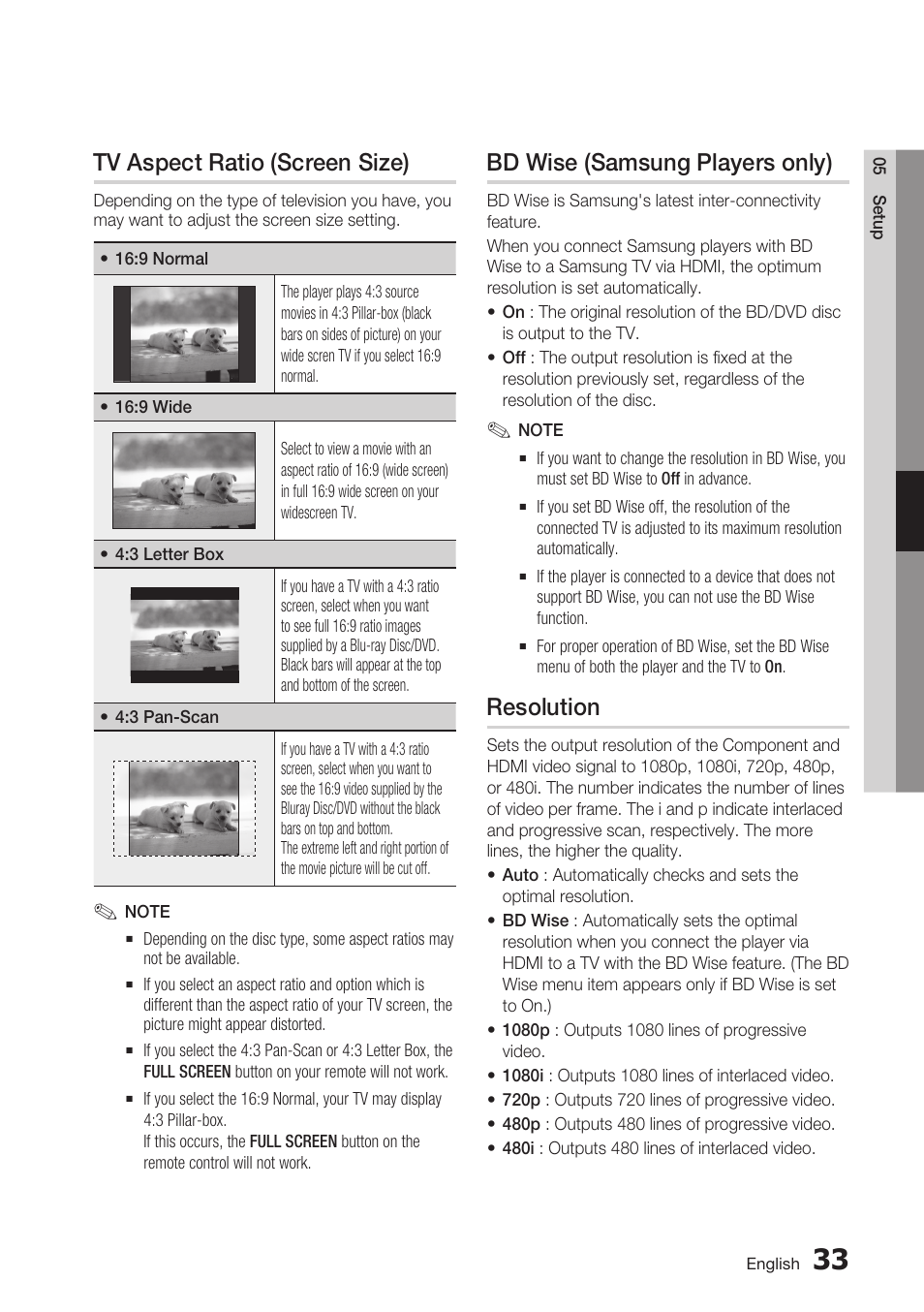 Tv aspect ratio (screen size), Bd wise (samsung players only), Resolution | Samsung BD-C7900 User Manual | Page 33 / 74