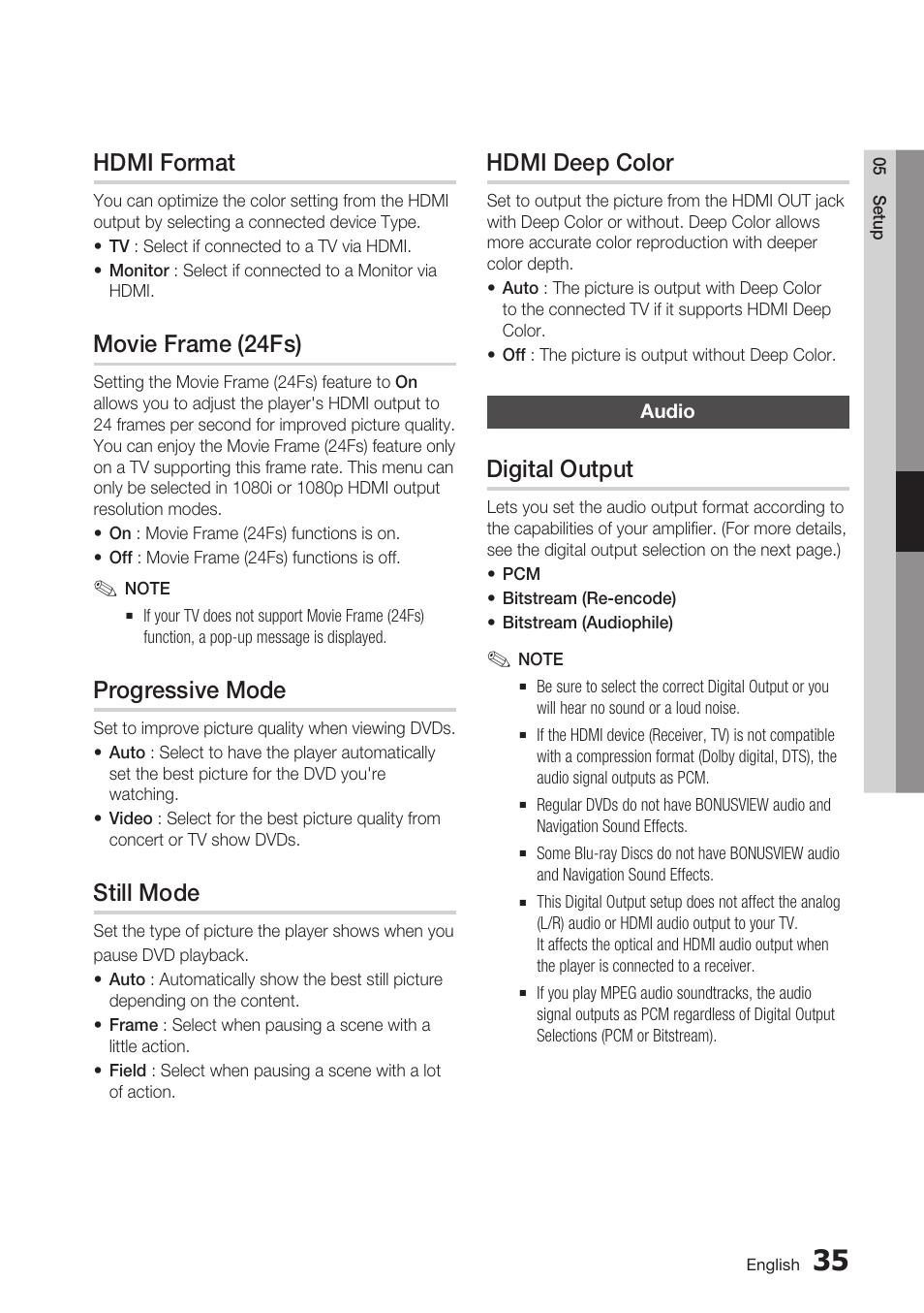 Hdmi format, Movie frame (24fs), Progressive mode | Still mode, Hdmi deep color, Audio, Digital output | Samsung BD-C7900 User Manual | Page 35 / 74