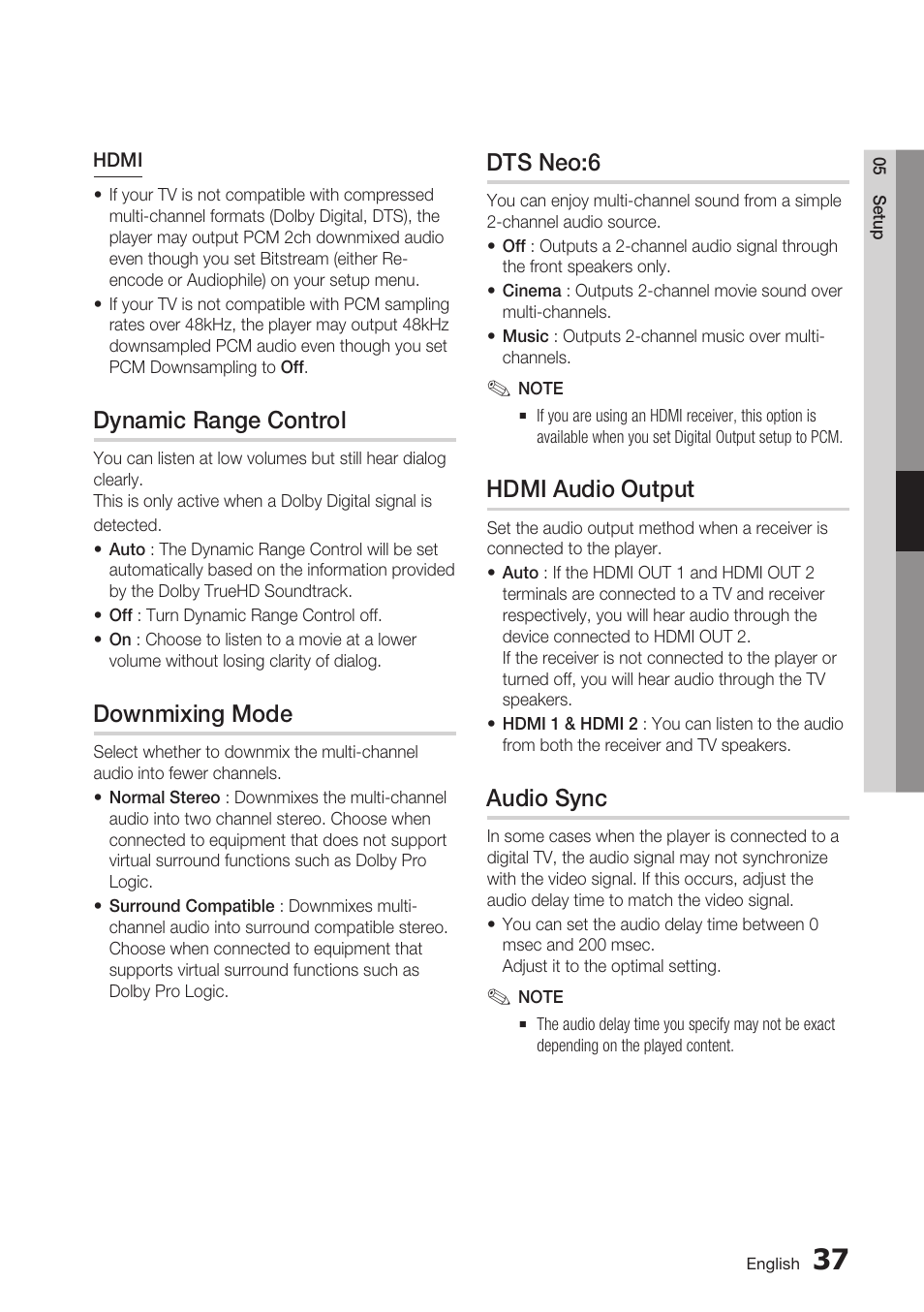Dynamic range control, Downmixing mode, Dts neo:6 | Hdmi audio output, Audio sync | Samsung BD-C7900 User Manual | Page 37 / 74