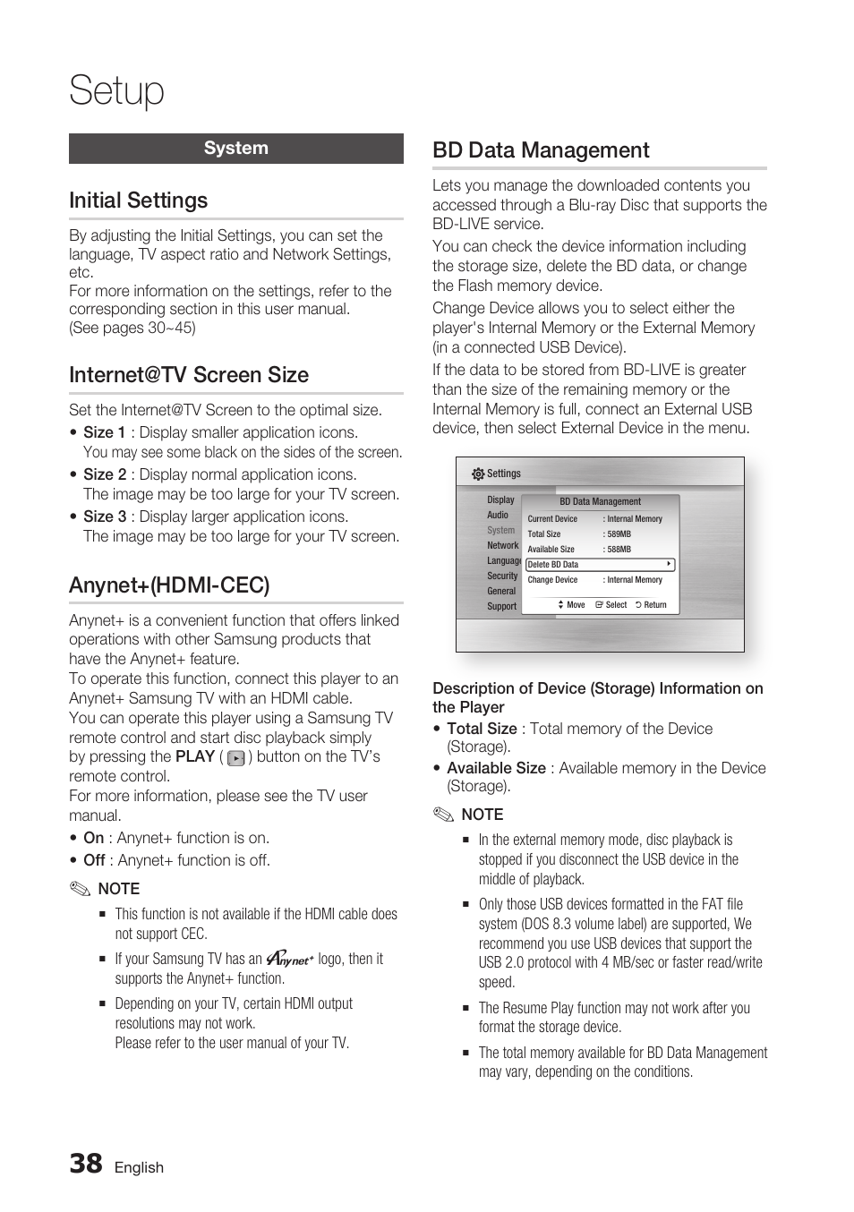 System, Initial settings, Internet@tv screen size | Anynet+(hdmi-cec), Bd data management, Setup | Samsung BD-C7900 User Manual | Page 38 / 74