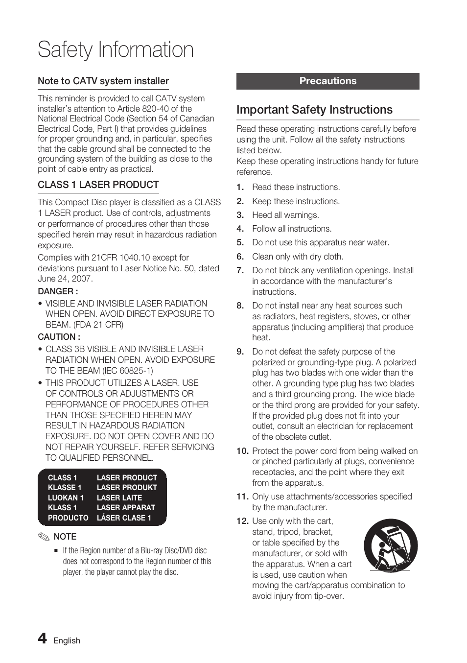 Precautions, Important safety instructions, Safety information | Samsung BD-C7900 User Manual | Page 4 / 74