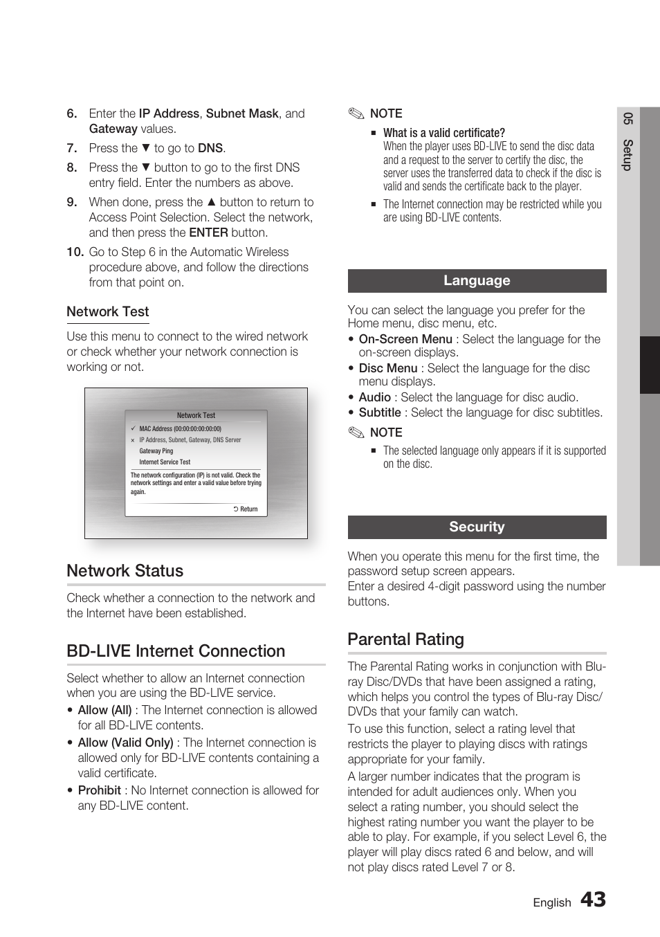 Network status, Bd-live internet connection, Language | Security, Parental rating | Samsung BD-C7900 User Manual | Page 43 / 74