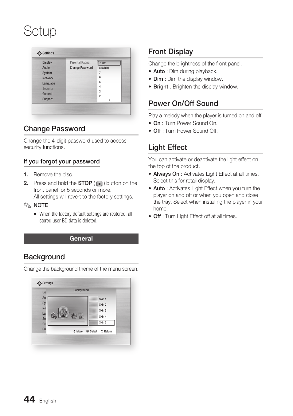 Change password, General, Background | Front display, Power on/off sound, Light effect, Setup | Samsung BD-C7900 User Manual | Page 44 / 74