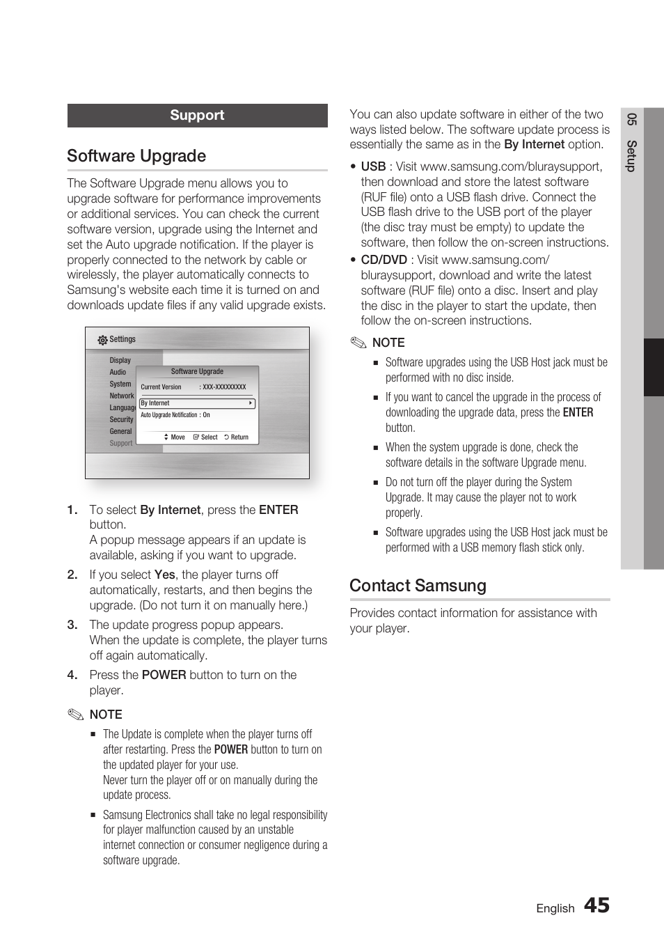 Support, Software upgrade, Contact samsung | Samsung BD-C7900 User Manual | Page 45 / 74