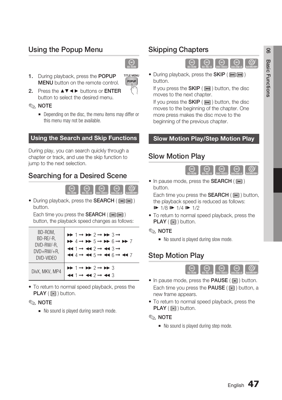 Using the popup menu, Using the search and skip functions, Searching for a desired scene | Skipping chapters, Slow motion play/step motion play, Slow motion play, Step motion play | Samsung BD-C7900 User Manual | Page 47 / 74