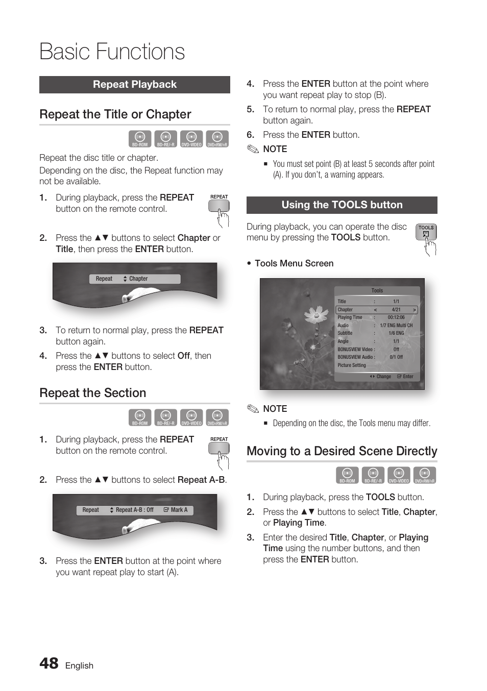 Repeat playback, Repeat the title or chapter, Repeat the section | Using the tools button, Moving to a desired scene directly, Basic functions | Samsung BD-C7900 User Manual | Page 48 / 74