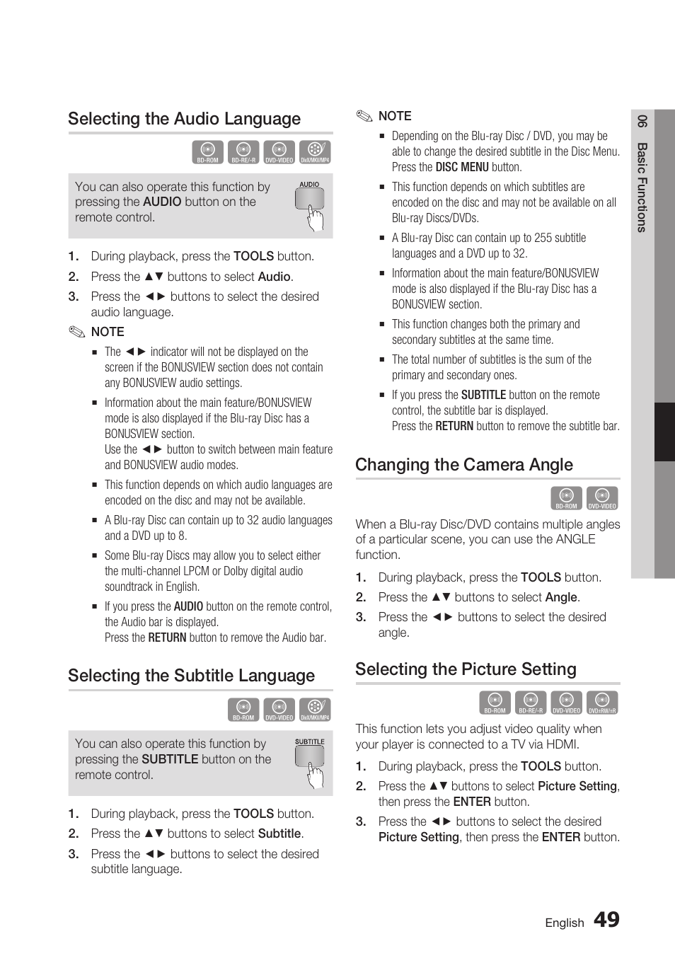 Selecting the audio language, Selecting the subtitle language, Changing the camera angle | Selecting the picture setting | Samsung BD-C7900 User Manual | Page 49 / 74