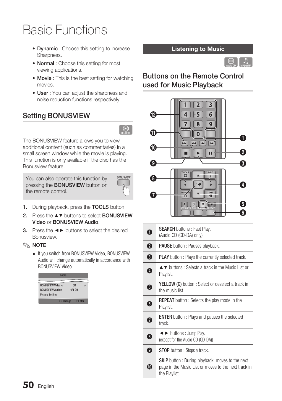 Setting bonusview, Listening to music, Basic functions | Samsung BD-C7900 User Manual | Page 50 / 74