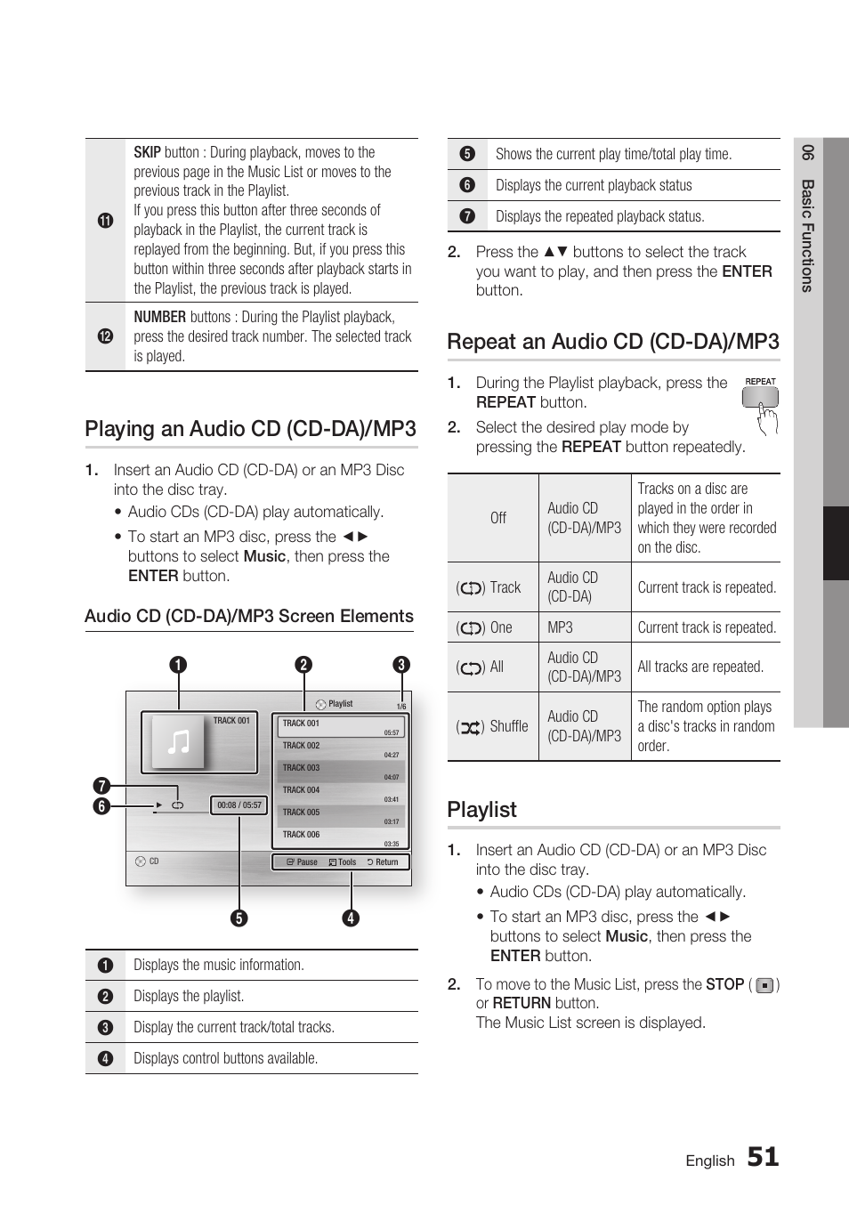 Playing an audio cd (cd-da)/mp3, Repeat an audio cd (cd-da)/mp3, Playlist | Samsung BD-C7900 User Manual | Page 51 / 74