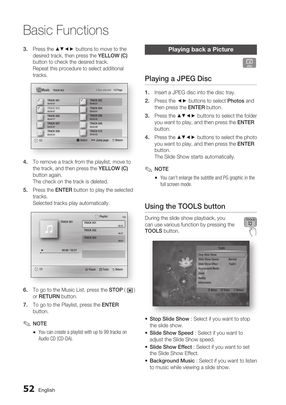 Playing back a picture, Playing a jpeg disc, Using the tools button | Basic functions | Samsung BD-C7900 User Manual | Page 52 / 74